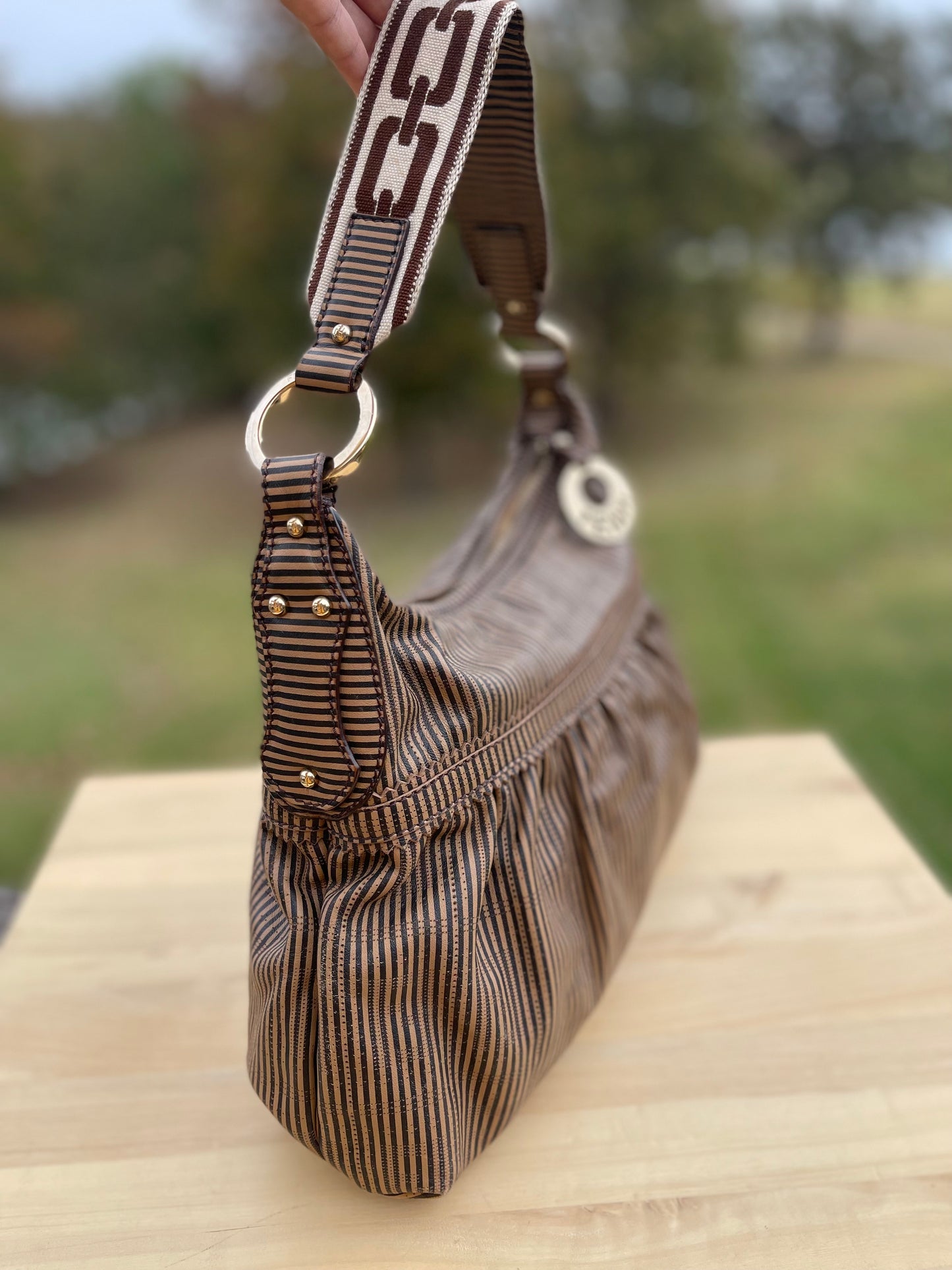Fendi Brown FF Perforated Logo Stripe Leather Chef Hobo