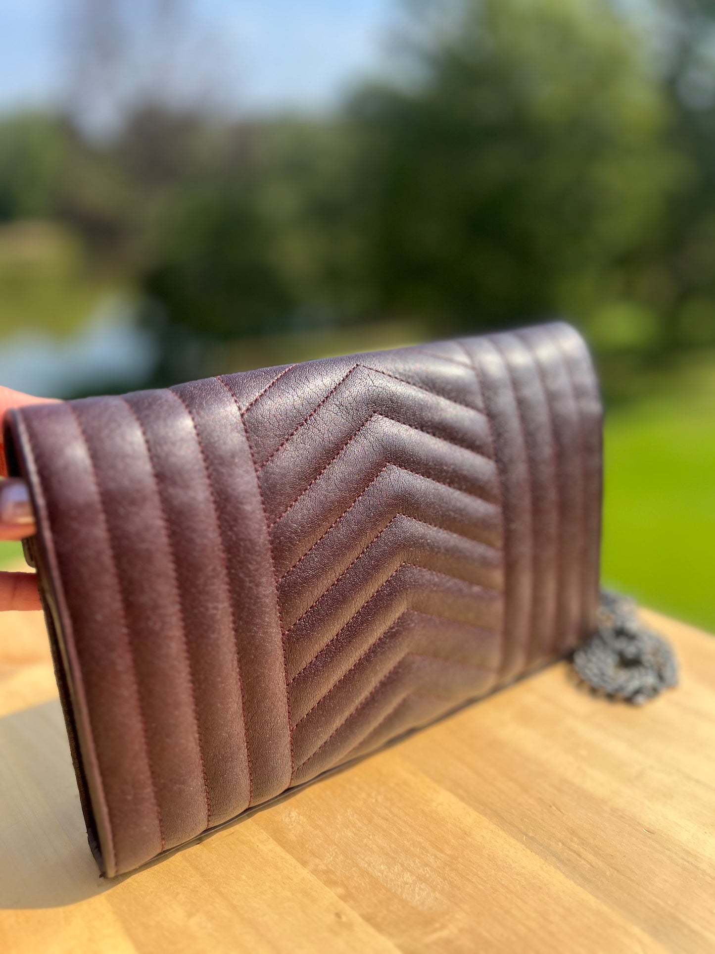 SAINT LAURENT Monogram Envelope Wallet on Chain (WOC) – Burgundy Quilted Leather
