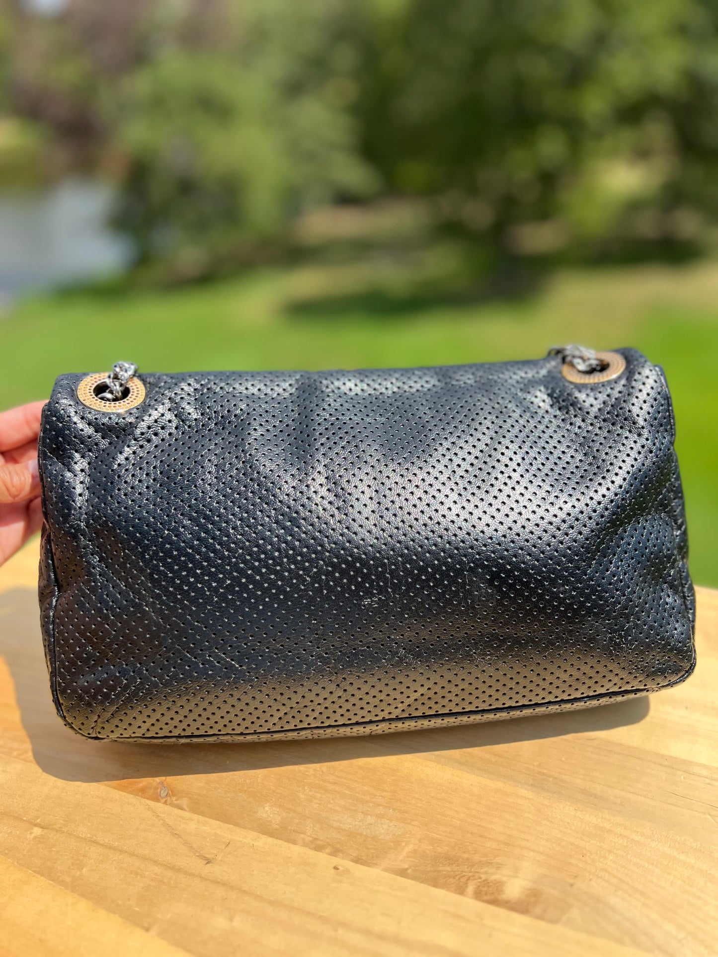 CHANEL Metallic Crackled Calfskin Perforated Drill Flap Bag