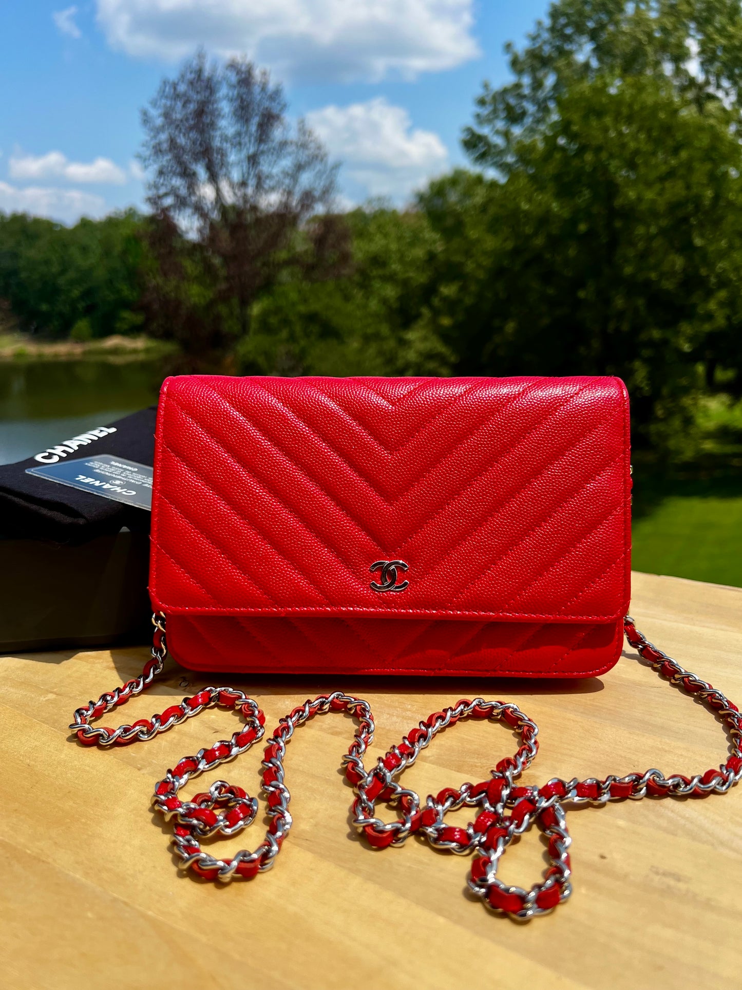 CHANEL Caviar Chevron Quilted Wallet on Chain (WOC) – Red