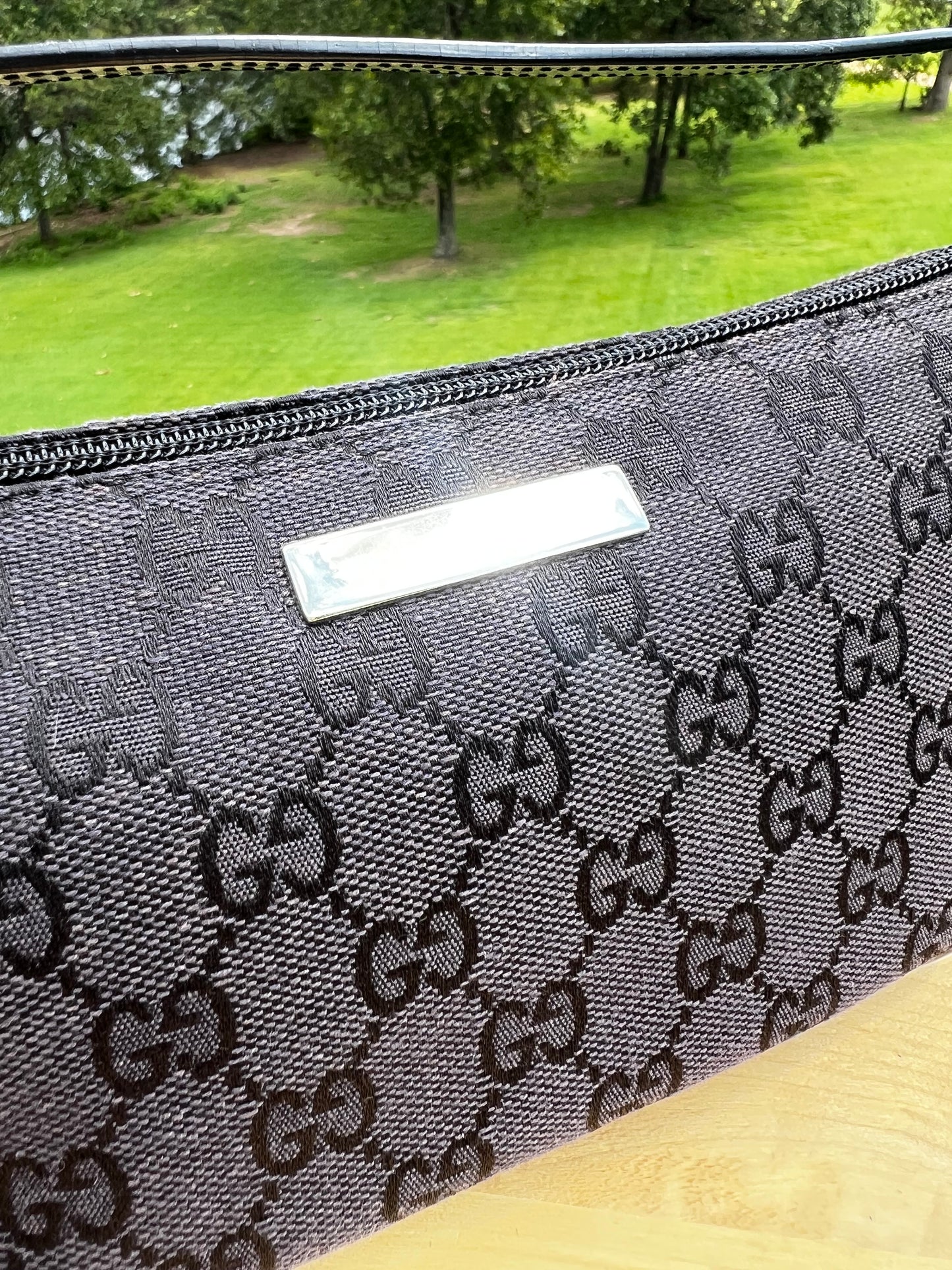VINTAGE GUCCI Monogram Pochette Shoulder Bag – Black Canvas with Leather Trim