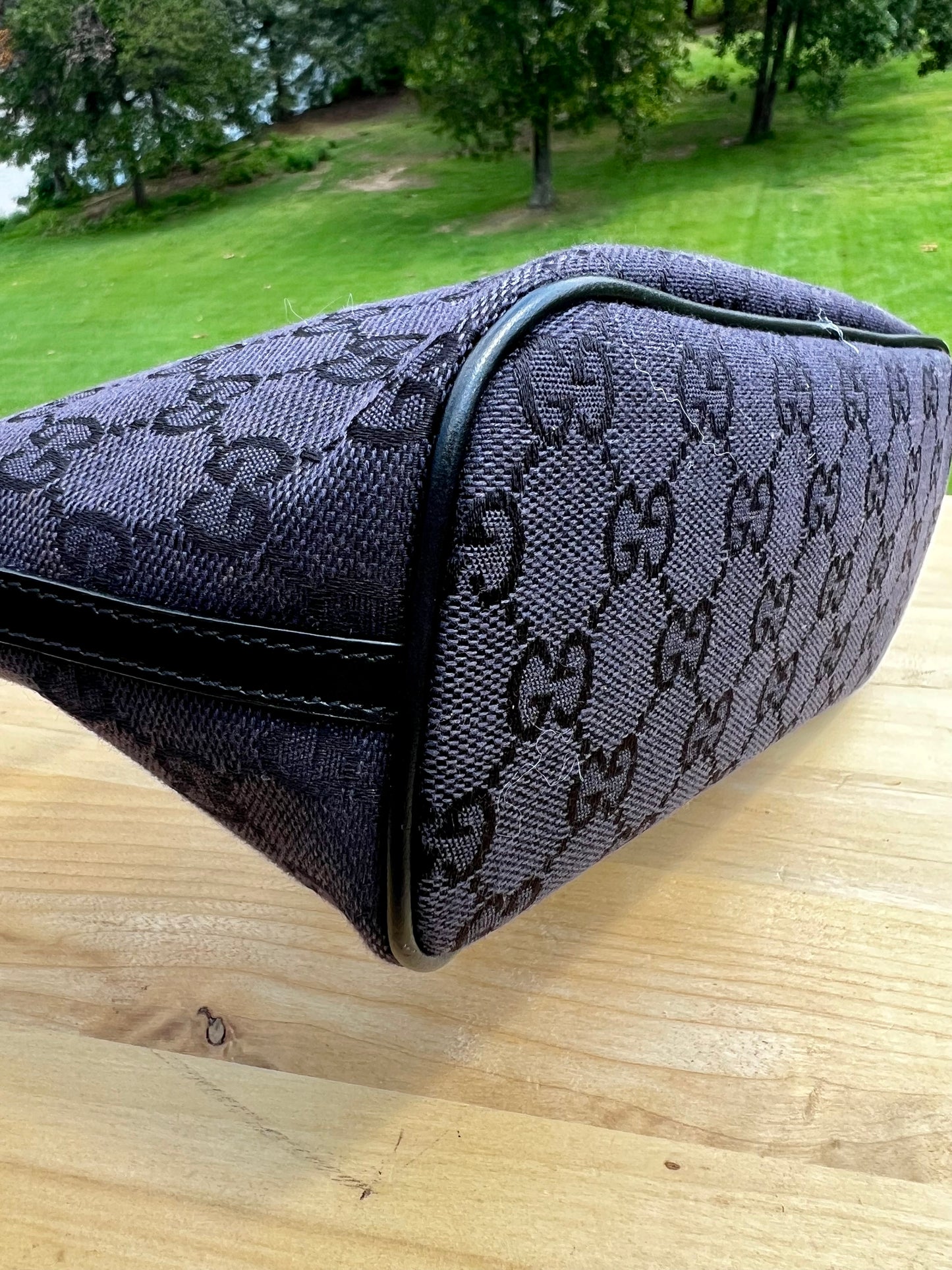 VINTAGE GUCCI Monogram Pochette Shoulder Bag – Black Canvas with Leather Trim