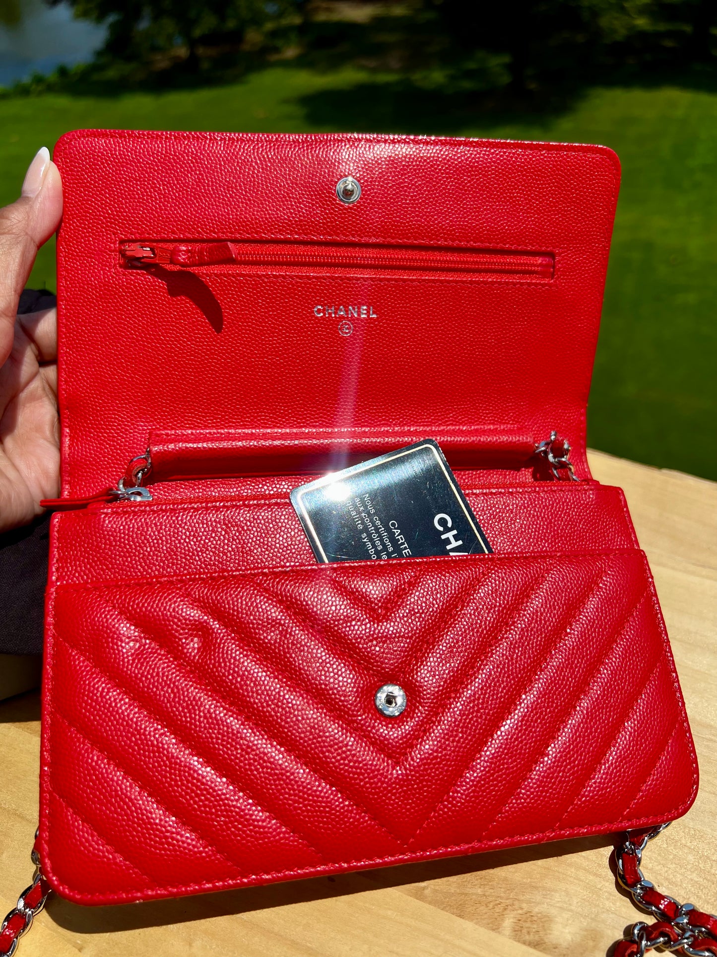 CHANEL Caviar Chevron Quilted Wallet on Chain (WOC) – Red