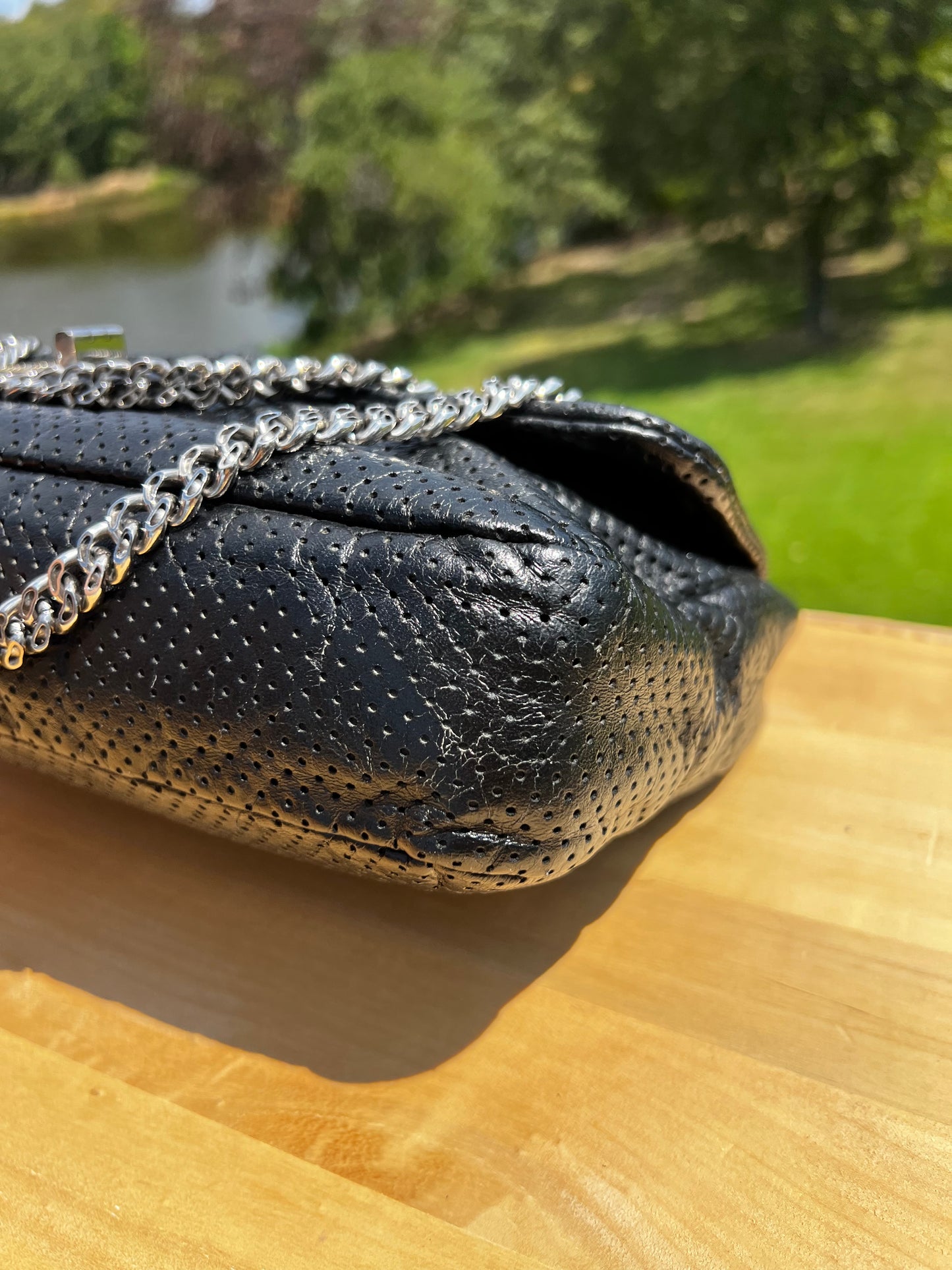 CHANEL Metallic Crackled Calfskin Perforated Drill Flap Bag