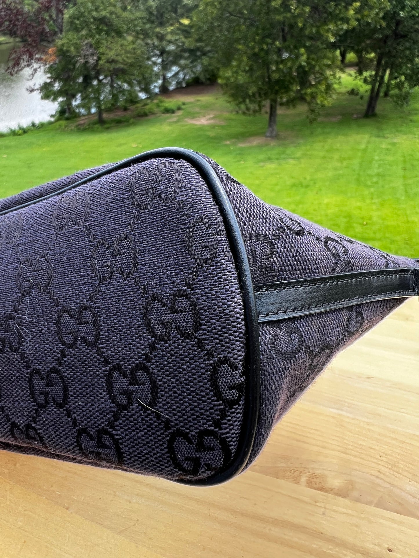 VINTAGE GUCCI Monogram Pochette Shoulder Bag – Black Canvas with Leather Trim