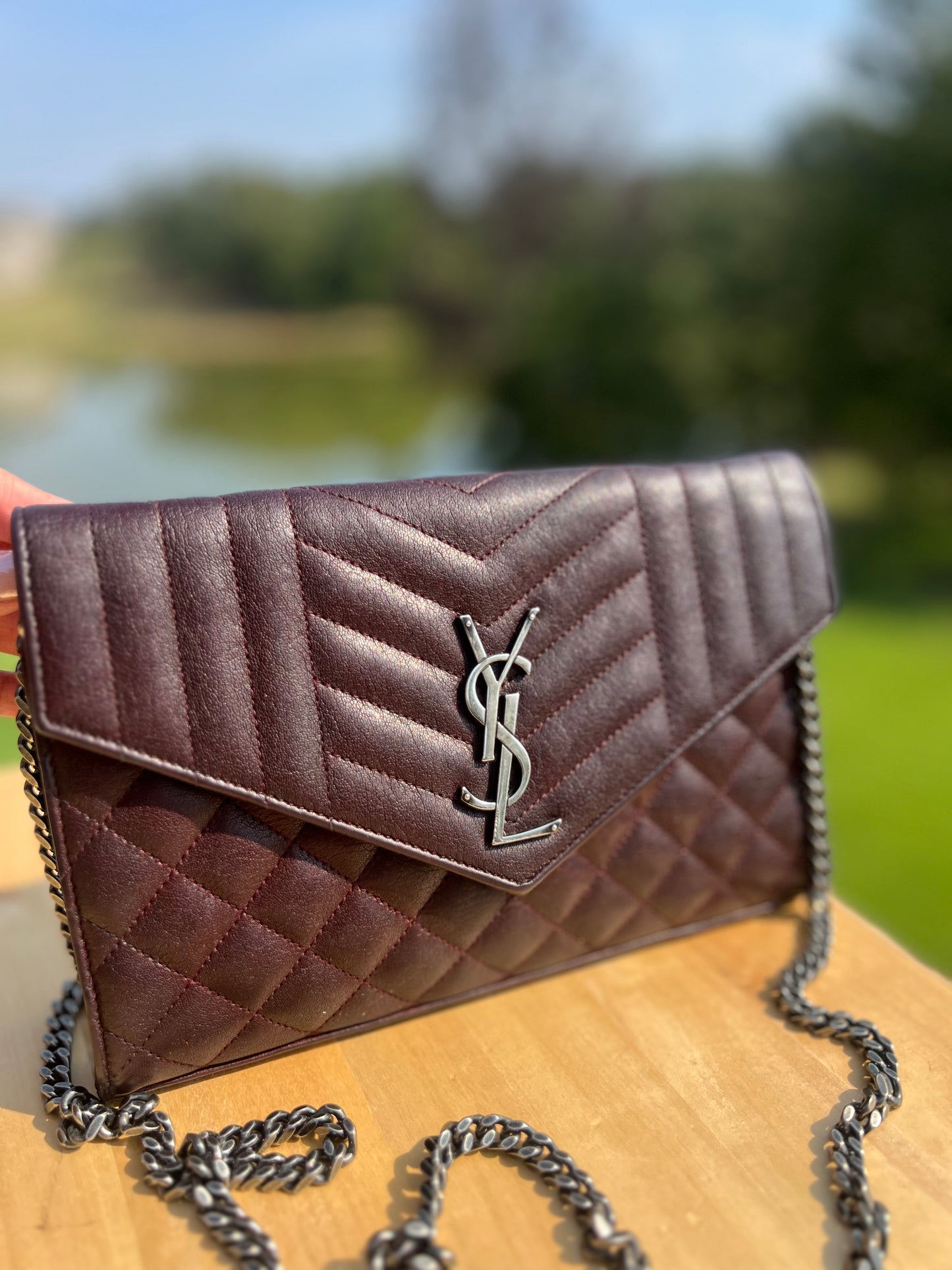 SAINT LAURENT Monogram Envelope Wallet on Chain (WOC) – Burgundy Quilted Leather