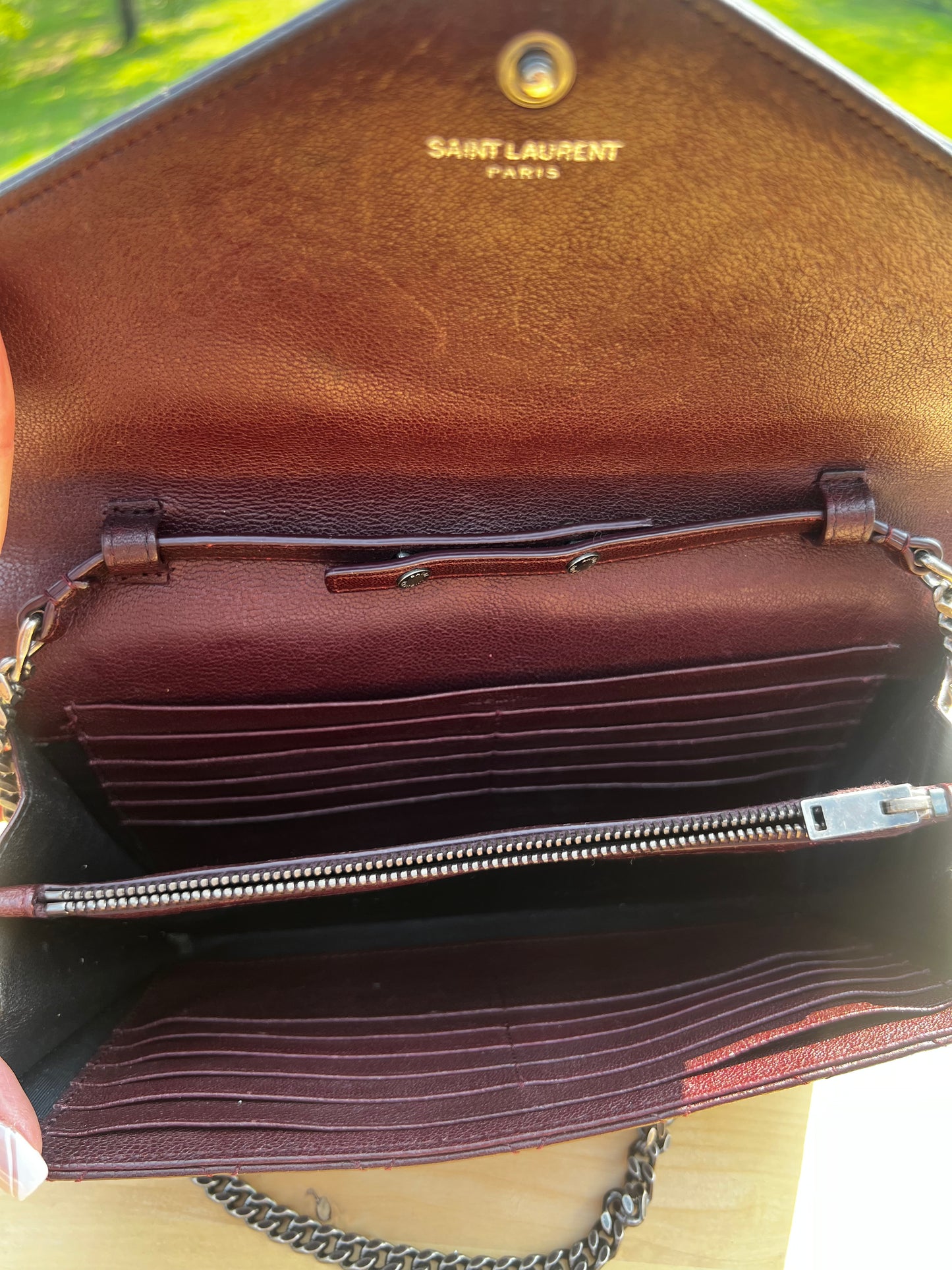 SAINT LAURENT Monogram Envelope Wallet on Chain (WOC) – Burgundy Quilted Leather