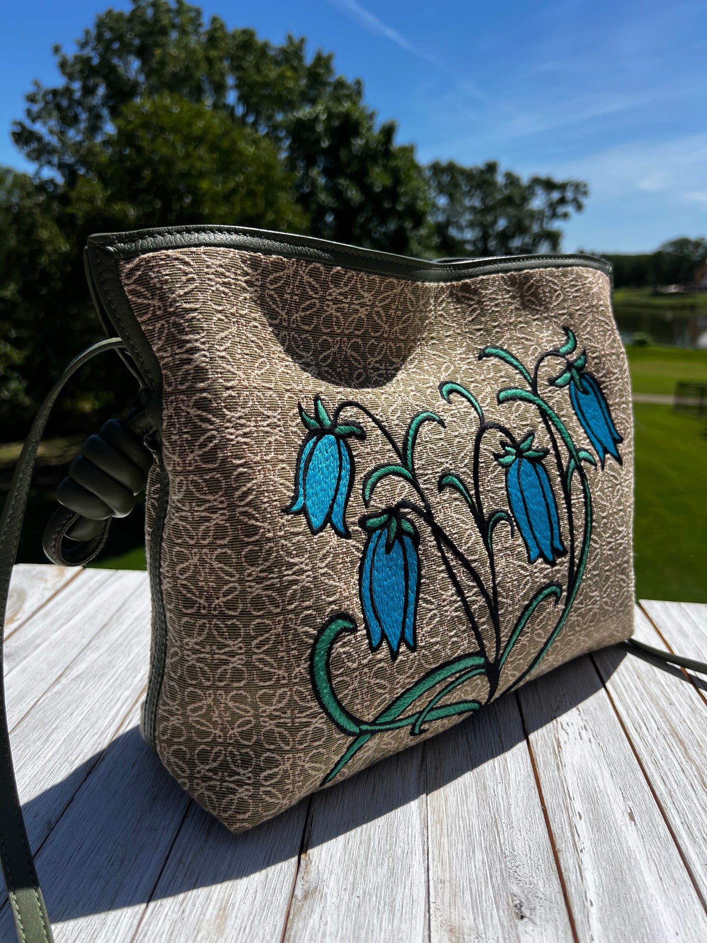 Loewe Jacquard Anagram Calfskin Herbarium Embroidered Flamenco Knot Clutch Avocado Green