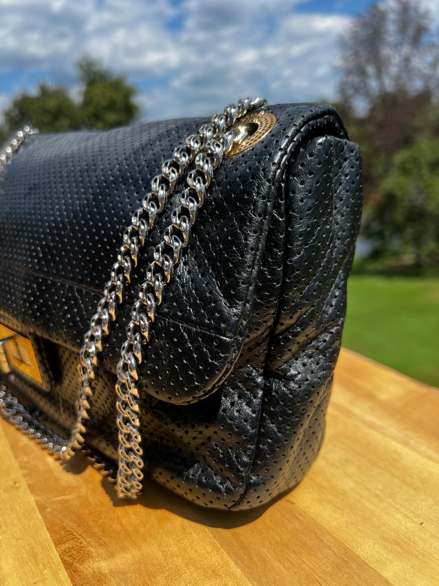 CHANEL Metallic Crackled Calfskin Perforated Drill Flap Bag