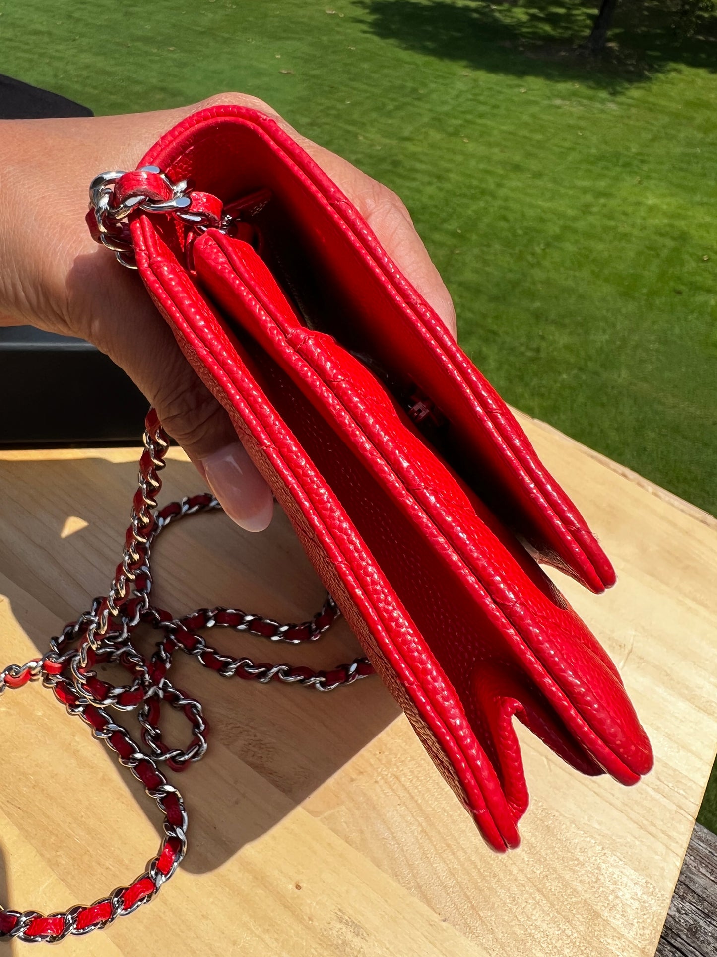 CHANEL Caviar Chevron Quilted Wallet on Chain (WOC) – Red