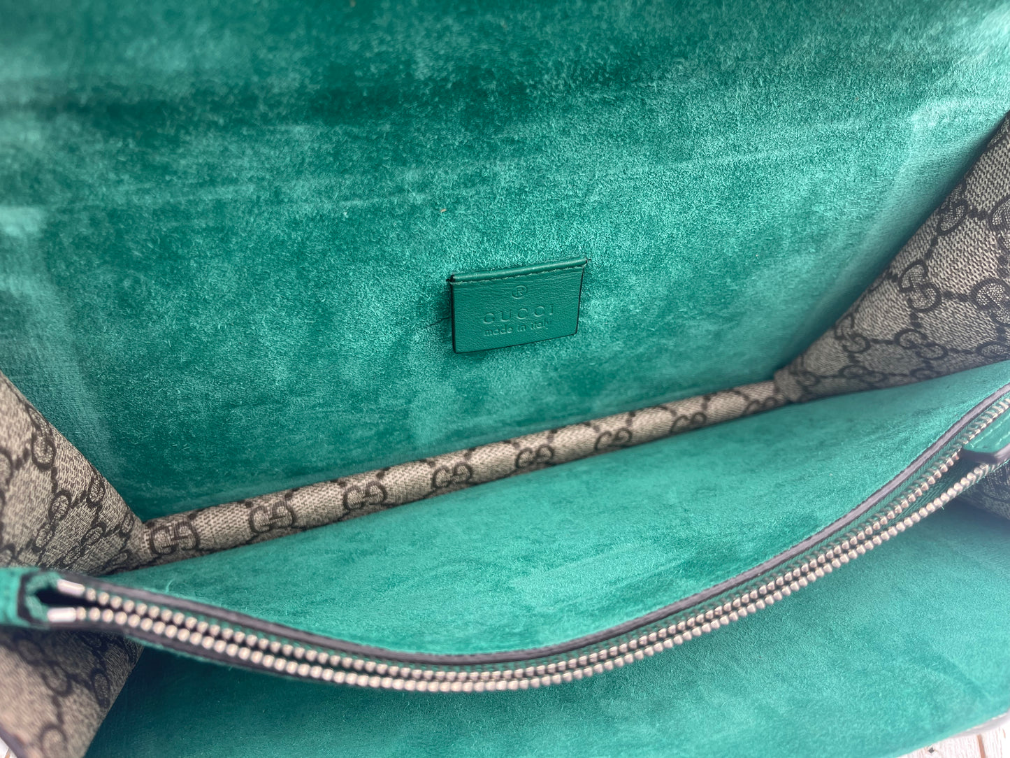 GUCCI
GG Supreme Monogram Willow Hill Embroidered Small Dionysus Shoulder Bag Emerald