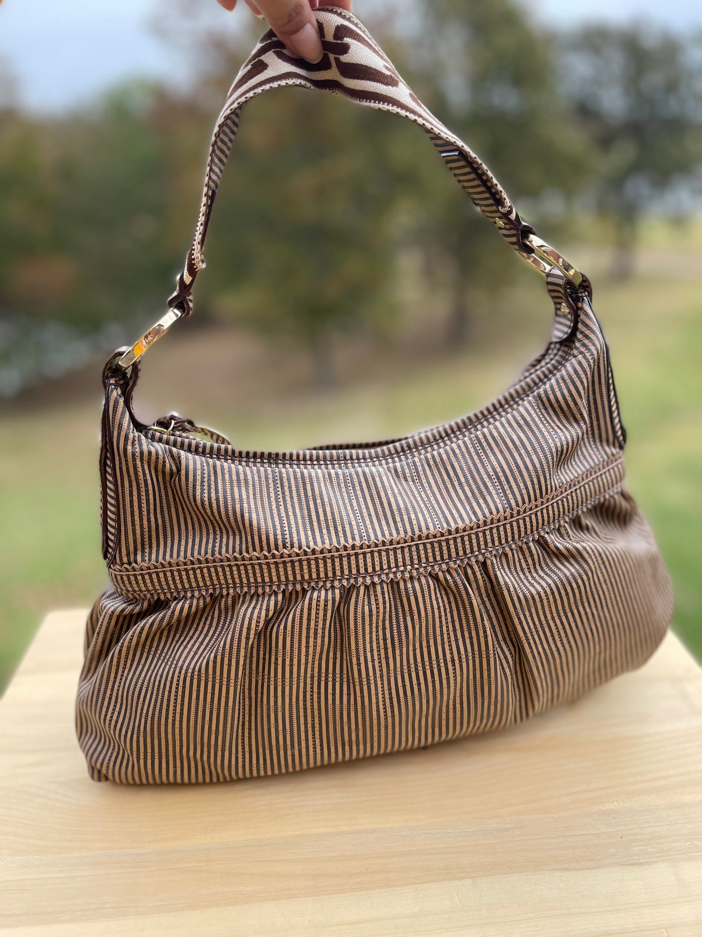 Fendi Brown FF Perforated Logo Stripe Leather Chef Hobo