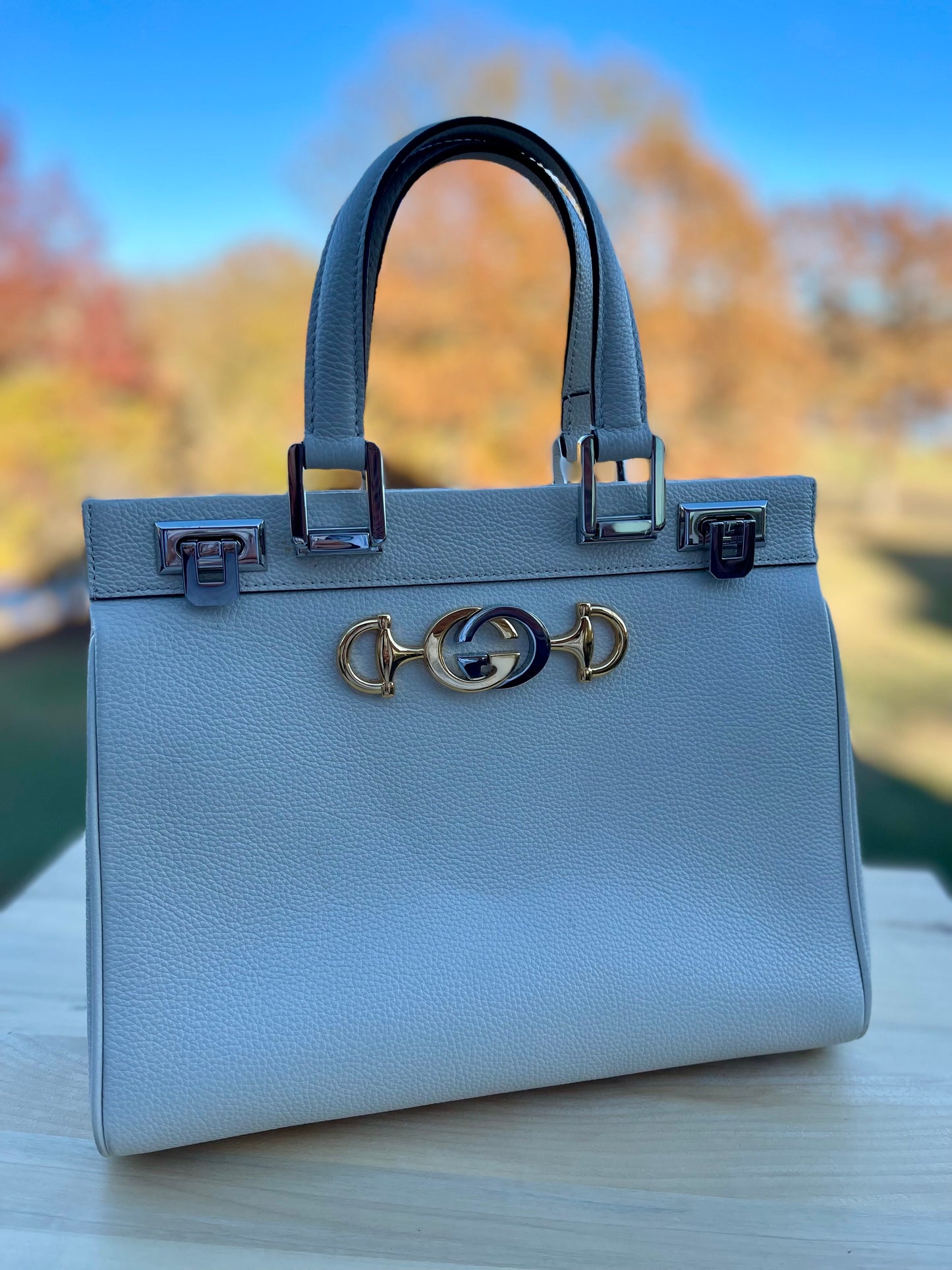 GUCCI Grain Calfskin Small Zumi Top Handle Bag Off White