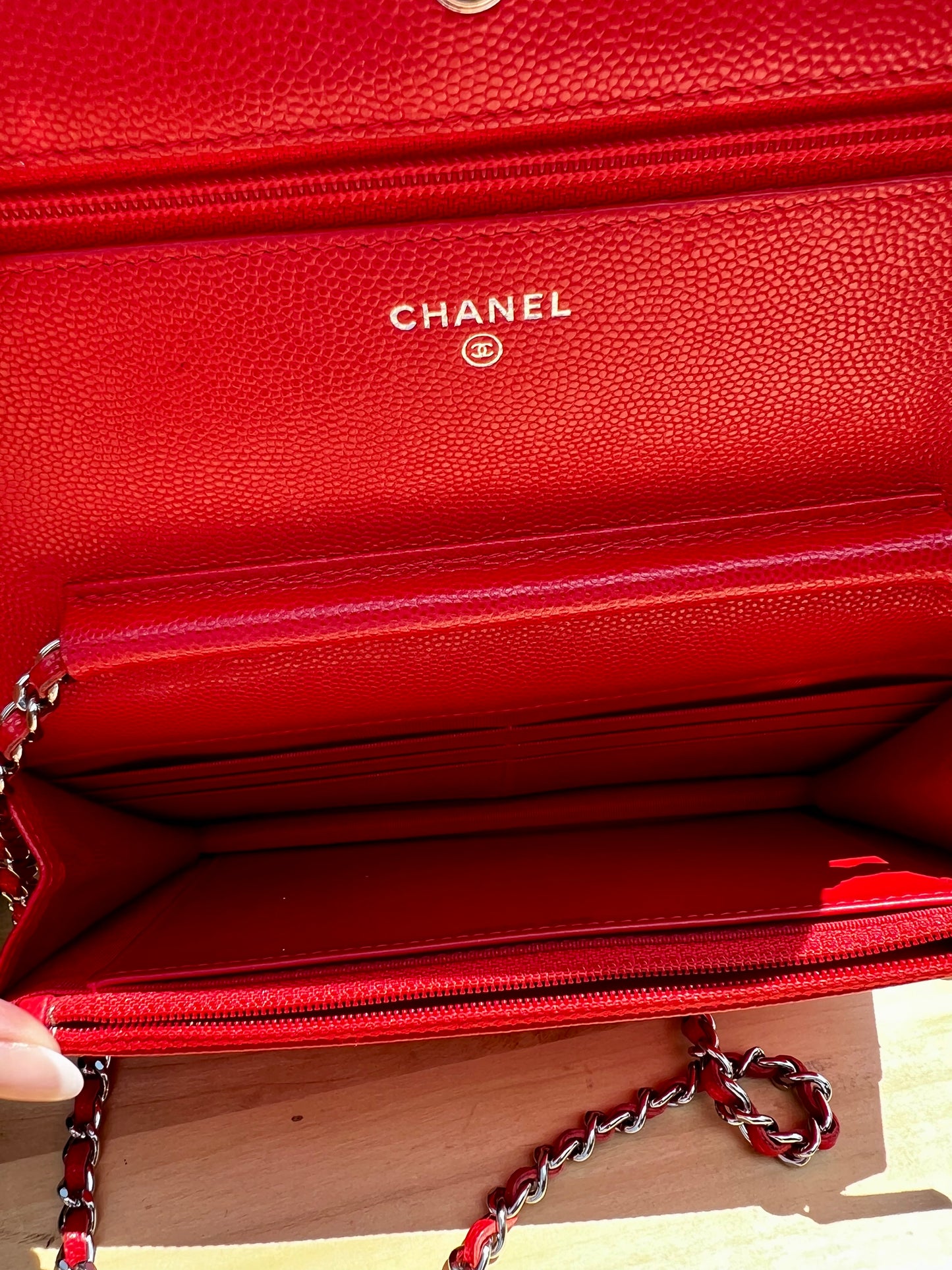 CHANEL Caviar Chevron Quilted Wallet on Chain (WOC) – Red
