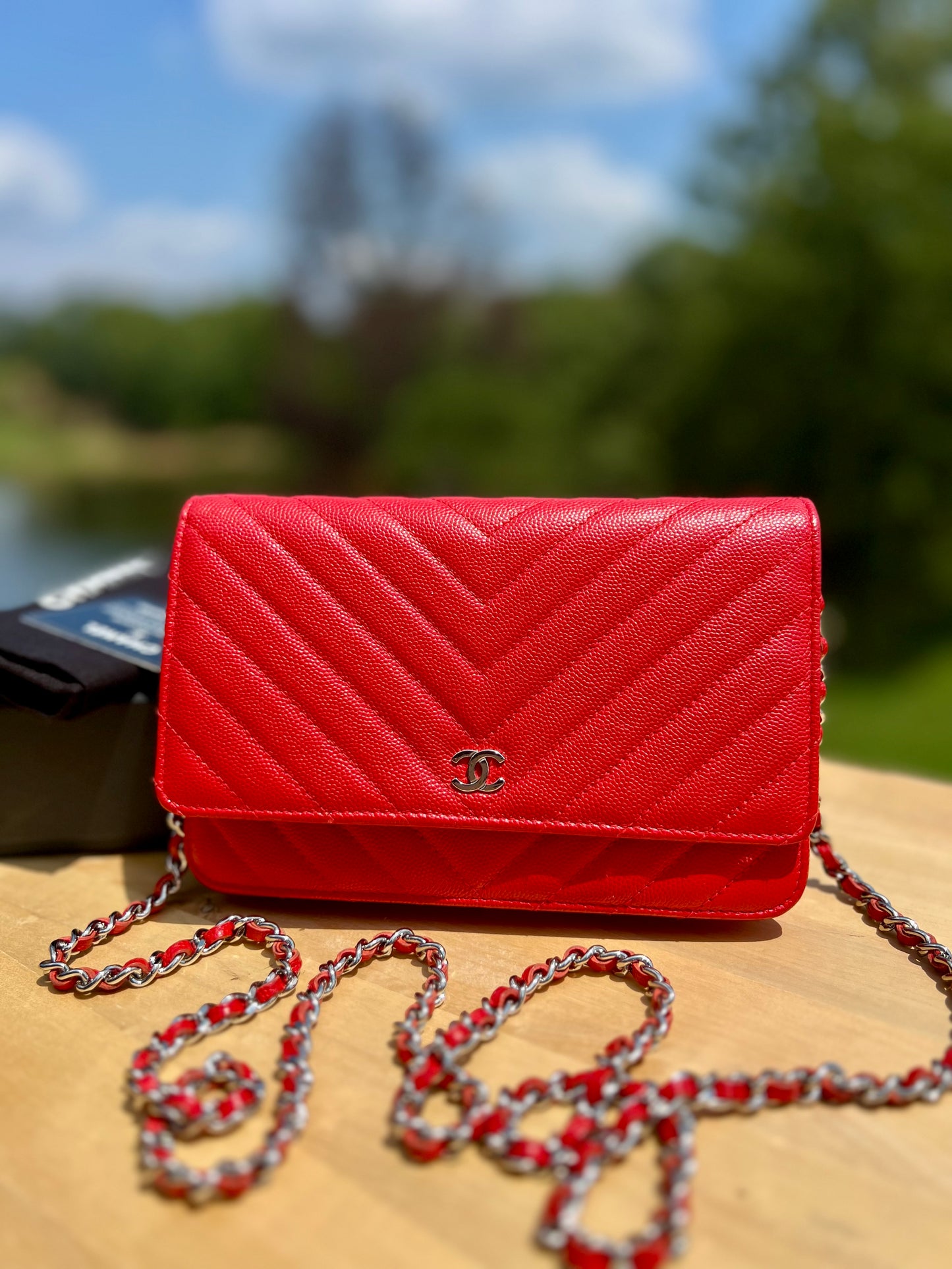 CHANEL Caviar Chevron Quilted Wallet on Chain (WOC) – Red