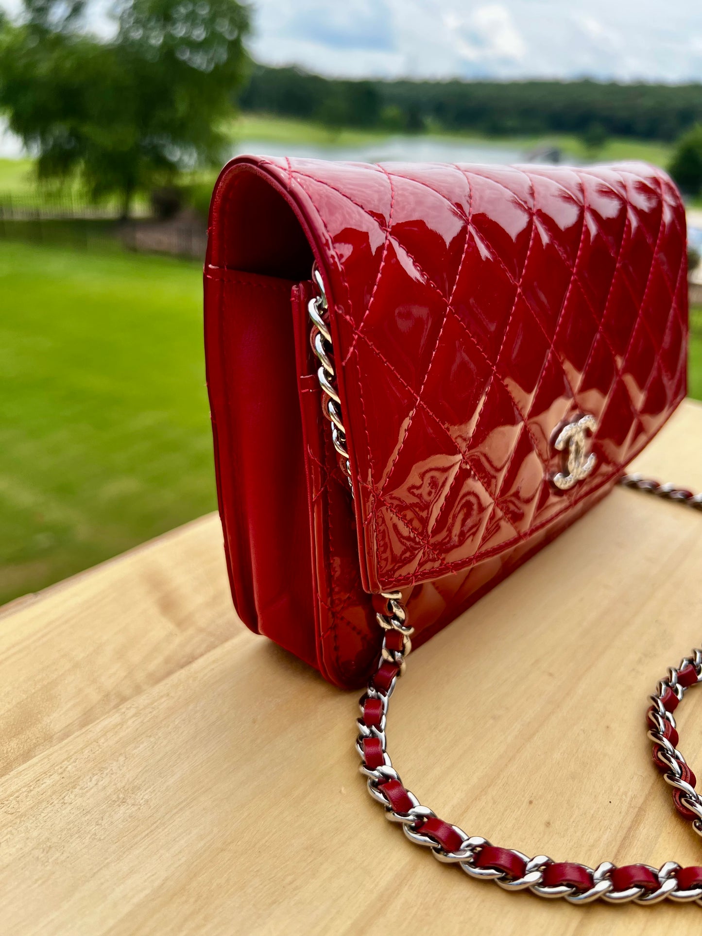 CHANEL Red Patent Quilted Leather - Classic Wallet on Chain (WOC)