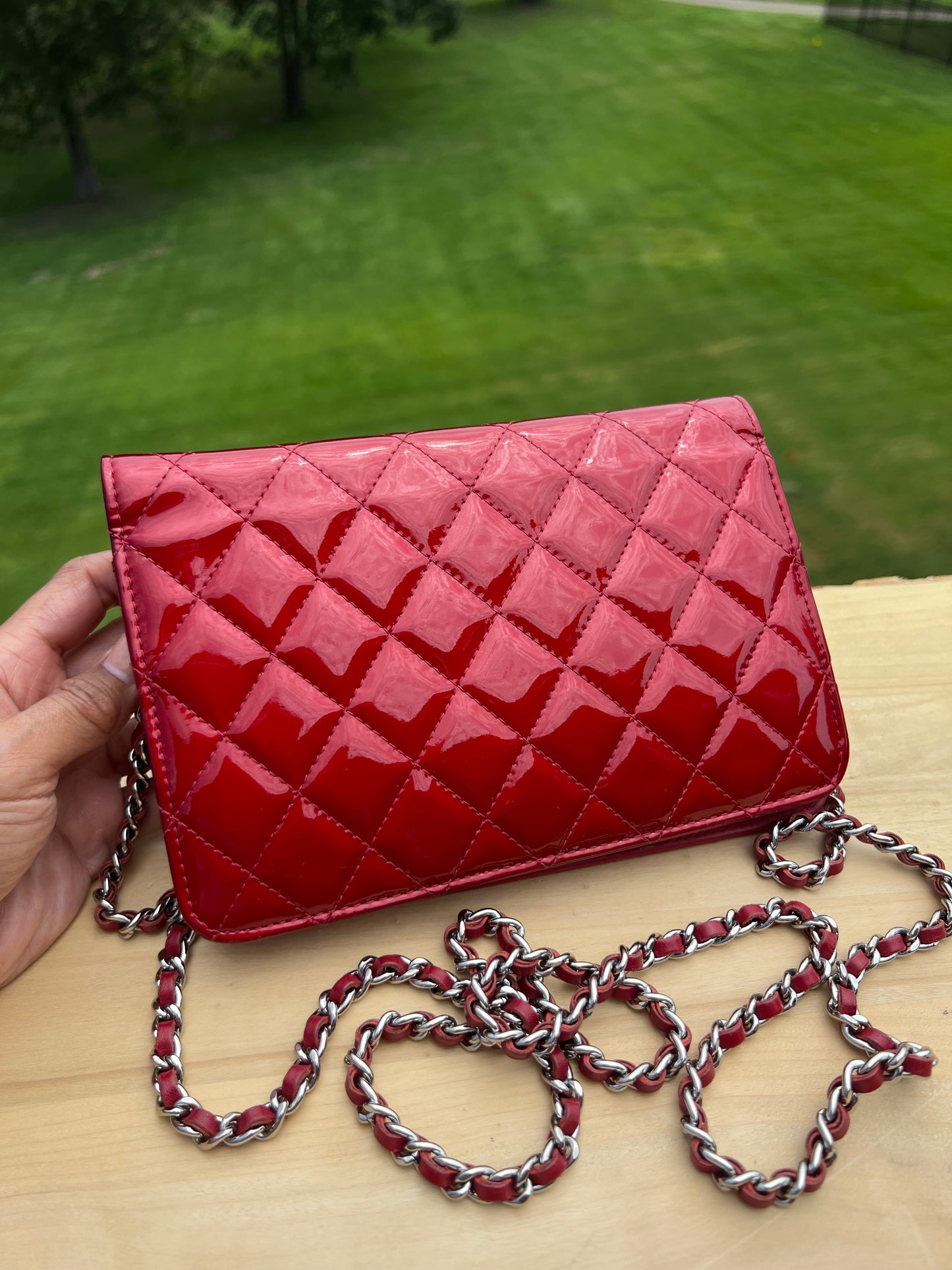 CHANEL Red Patent Quilted Leather - Classic Wallet on Chain (WOC)