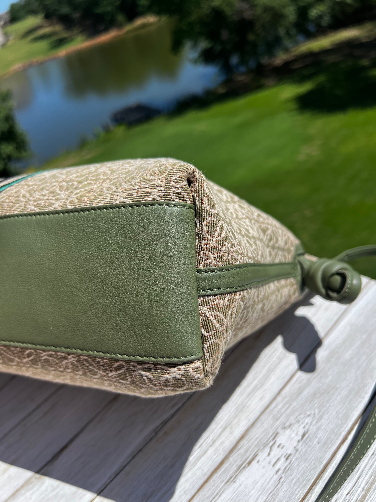 Loewe Jacquard Anagram Calfskin Herbarium Embroidered Flamenco Knot Clutch Avocado Green