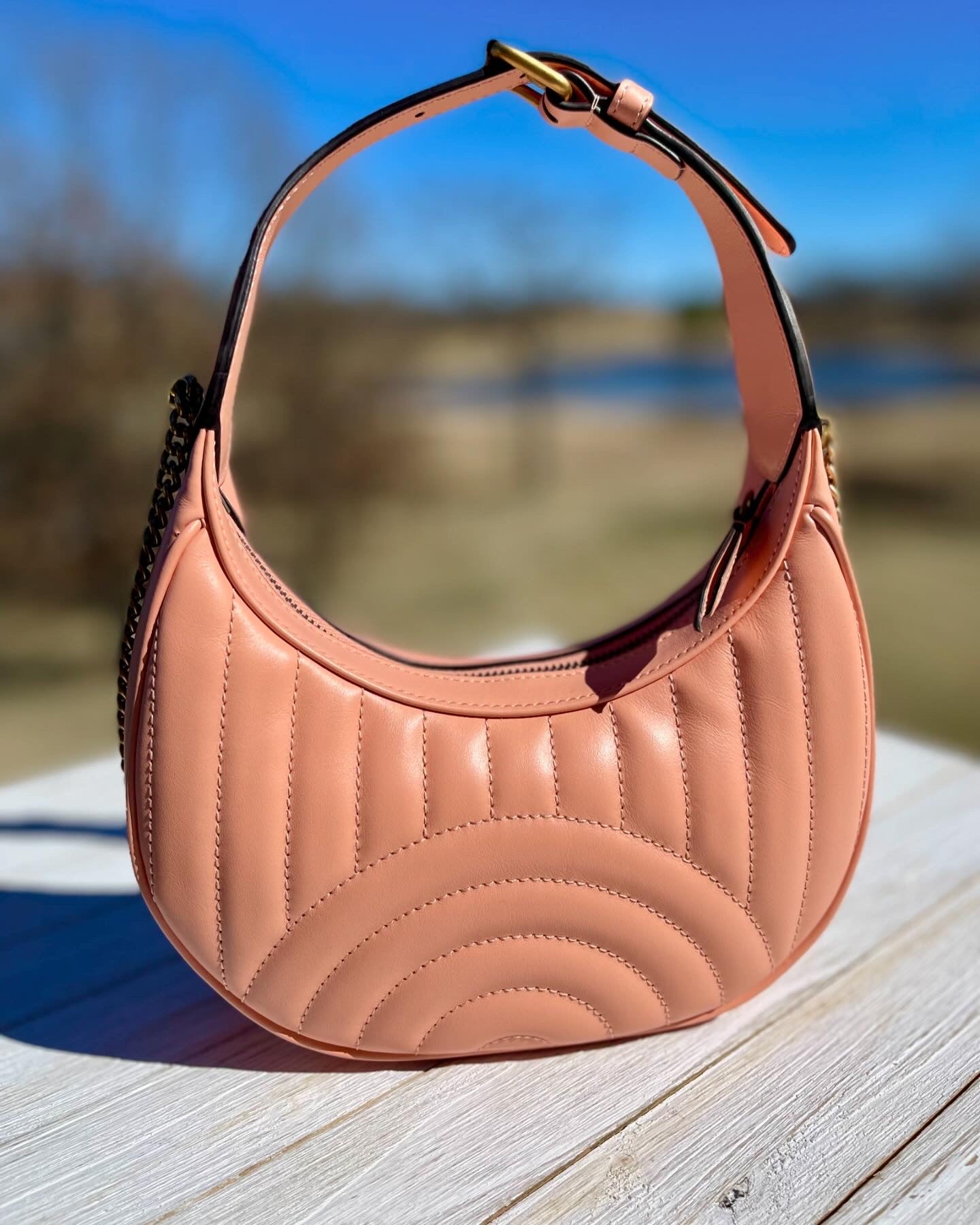 GUCCI
Calfskin Vertical Ring Matelasse Mini GG Marmont Half Moon Hobo Peachy Chic
