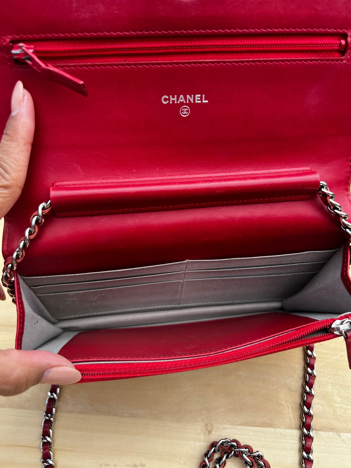 CHANEL Red Patent Quilted Leather - Classic Wallet on Chain (WOC)