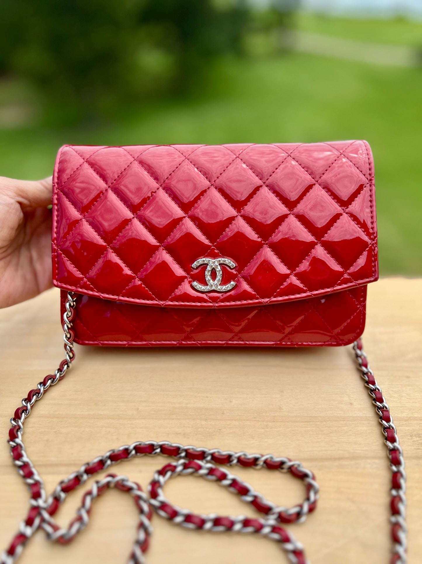 CHANEL Red Patent Quilted Leather - Classic Wallet on Chain (WOC)