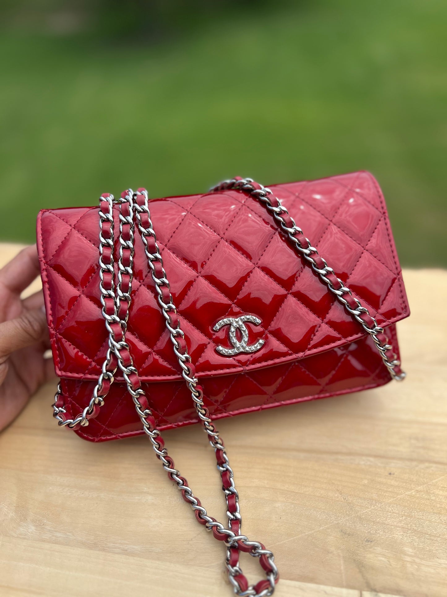 CHANEL Red Patent Quilted Leather - Classic Wallet on Chain (WOC)