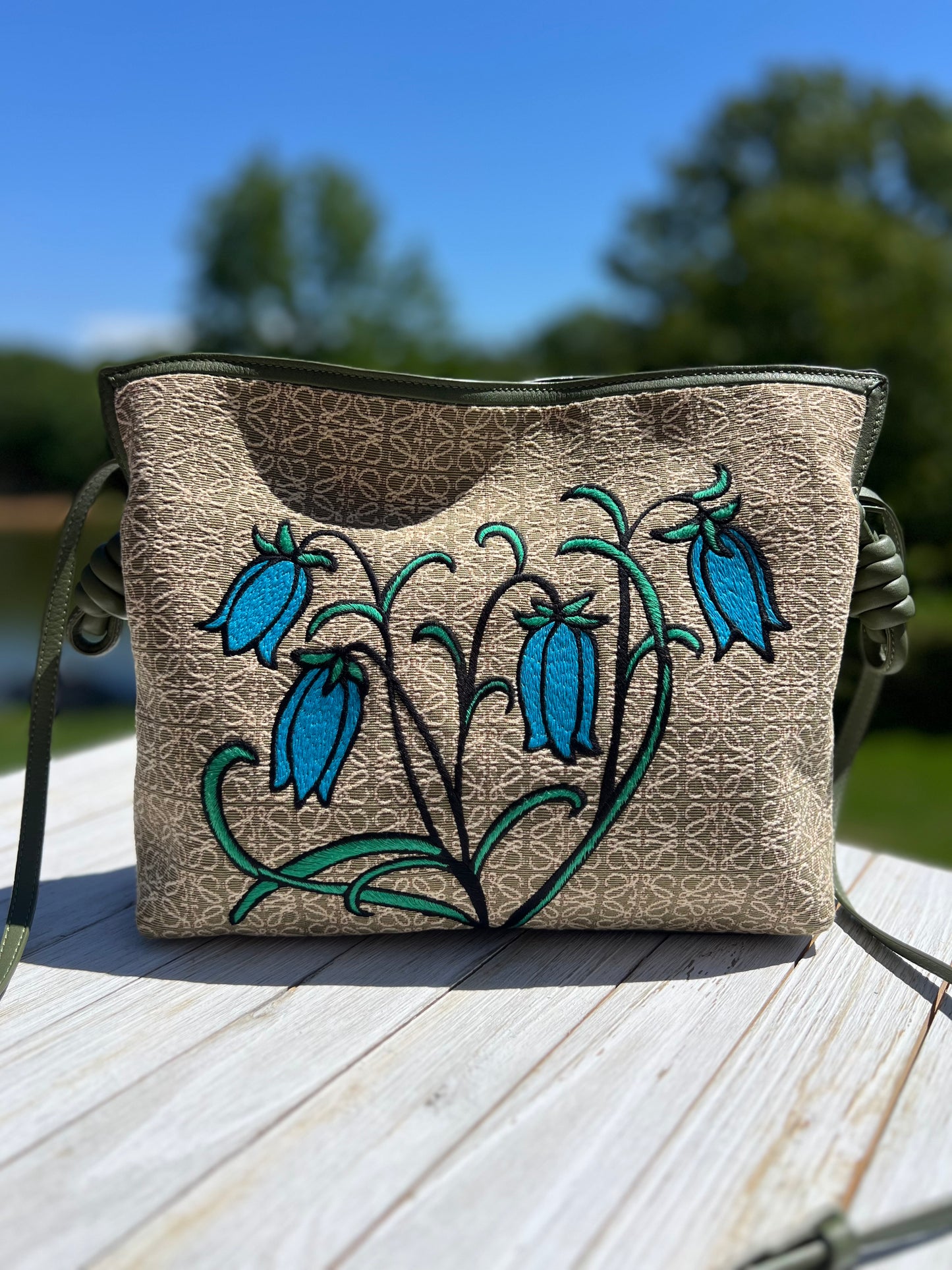 Loewe Jacquard Anagram Calfskin Herbarium Embroidered Flamenco Knot Clutch Avocado Green