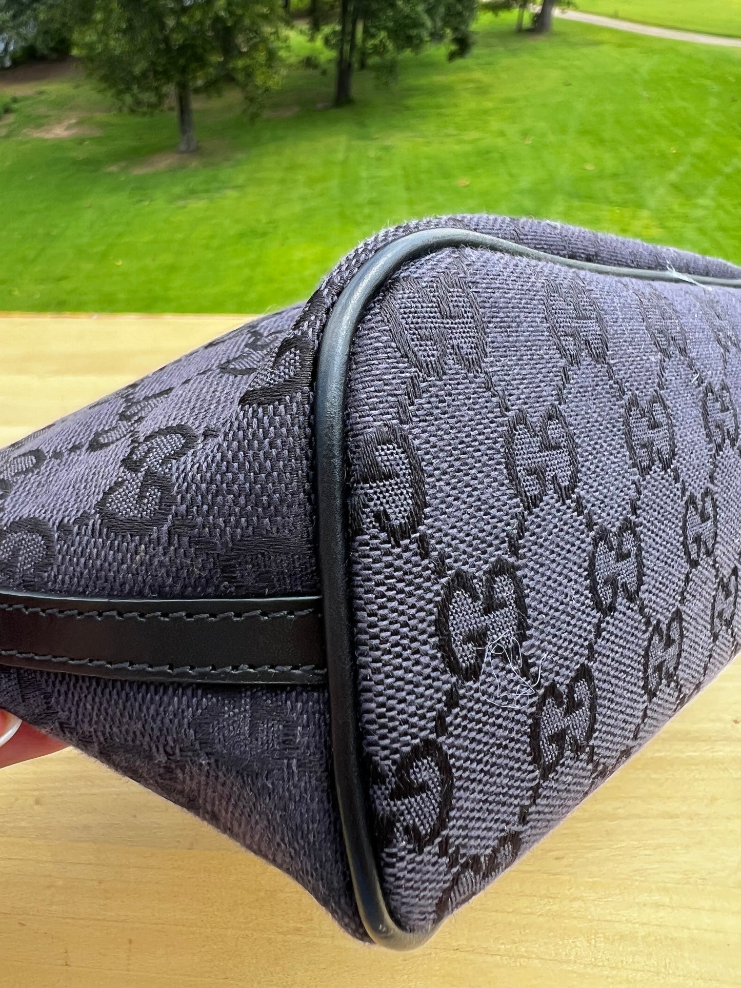 VINTAGE GUCCI Monogram Pochette Shoulder Bag – Black Canvas with Leather Trim