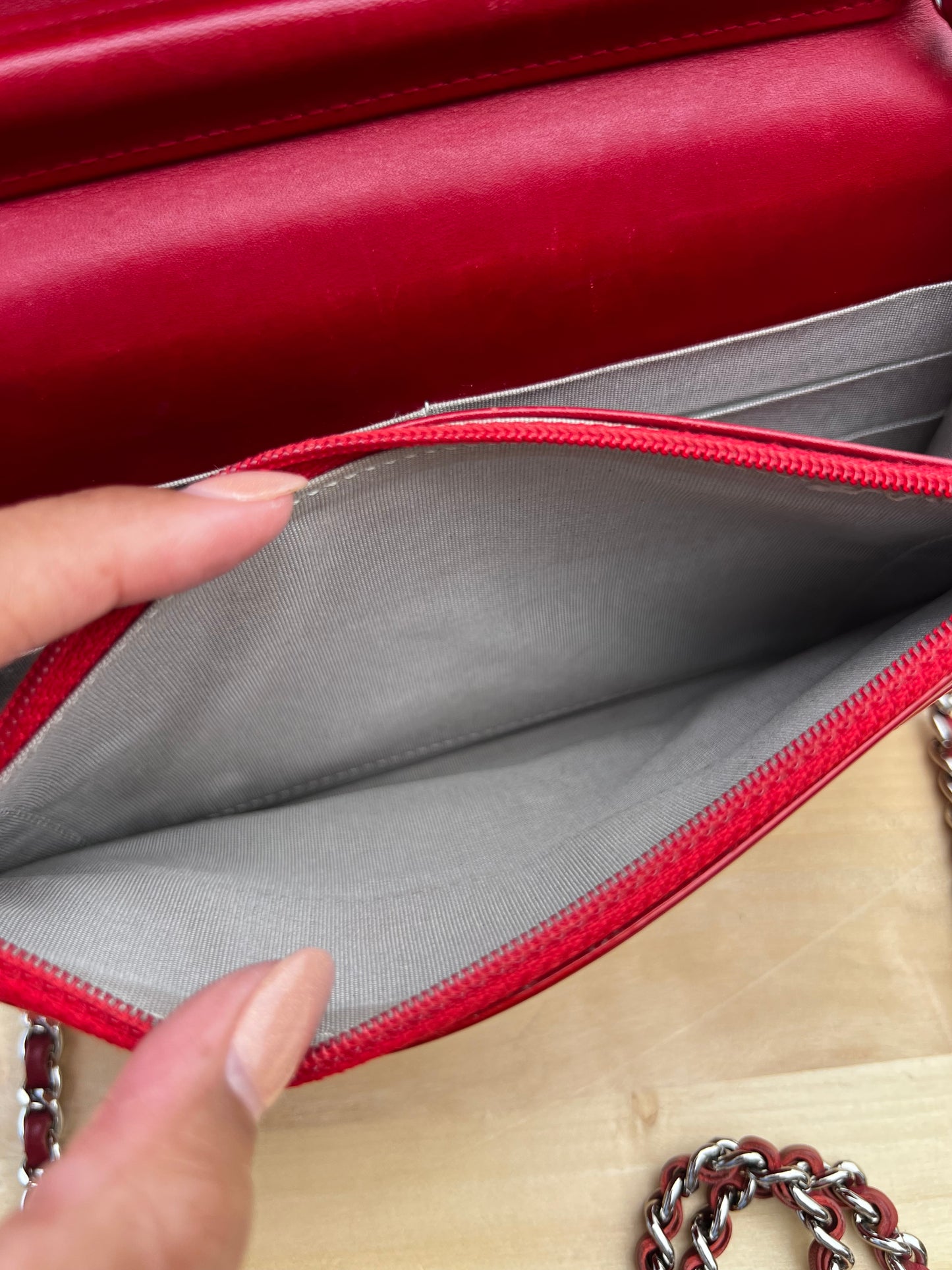CHANEL Red Patent Quilted Leather - Classic Wallet on Chain (WOC)