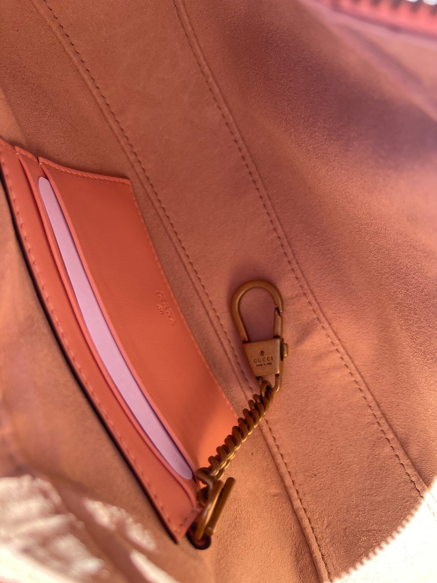 GUCCI
Calfskin Vertical Ring Matelasse Mini GG Marmont Half Moon Hobo Peachy Chic