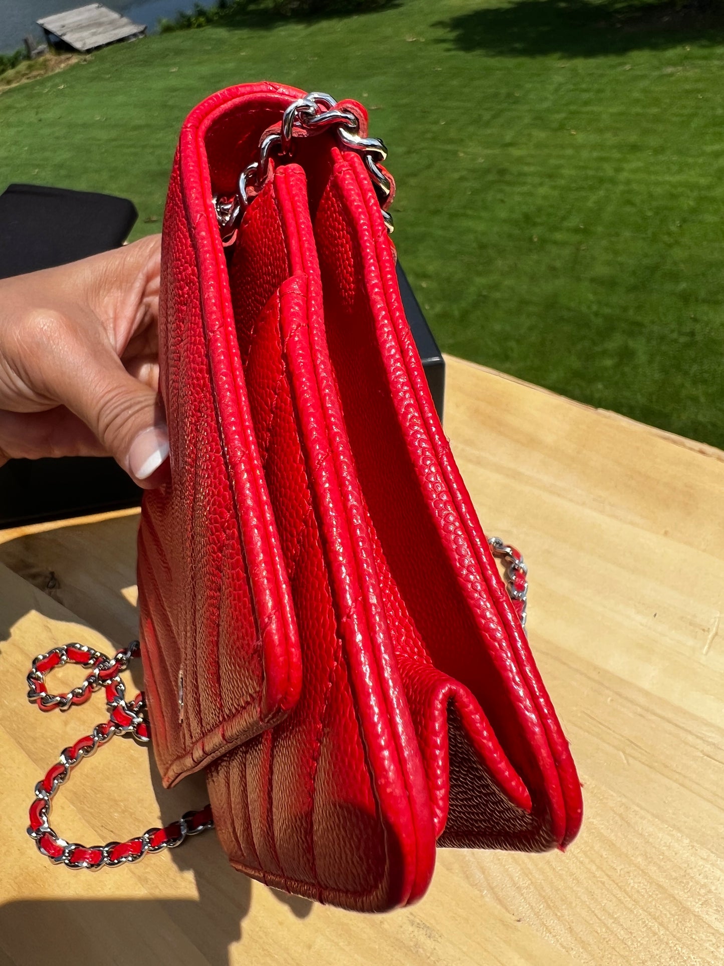 CHANEL Caviar Chevron Quilted Wallet on Chain (WOC) – Red