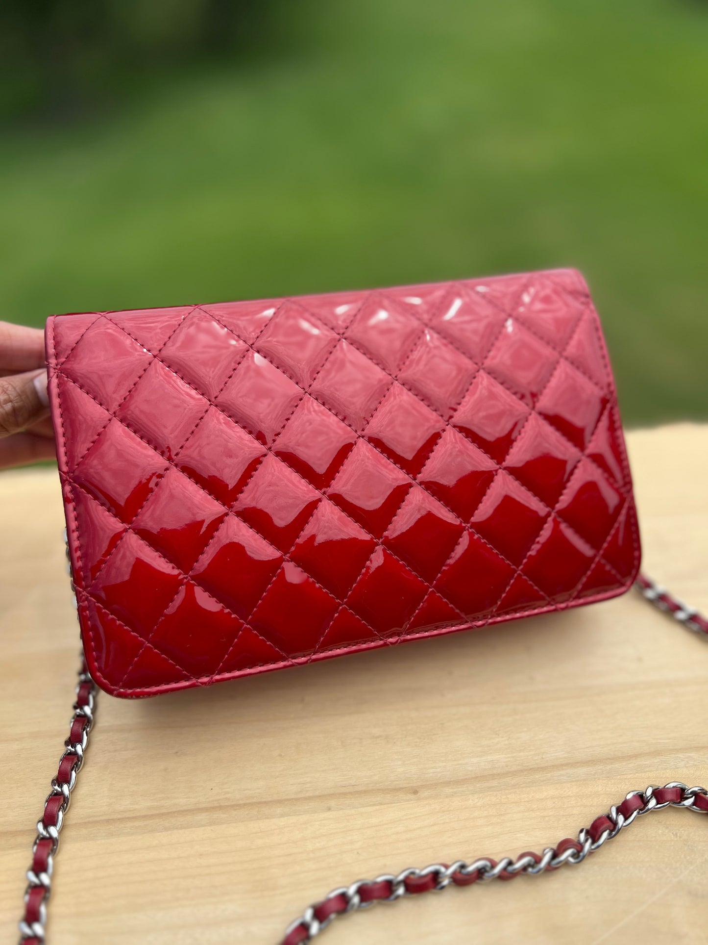 CHANEL Red Patent Quilted Leather - Classic Wallet on Chain (WOC)