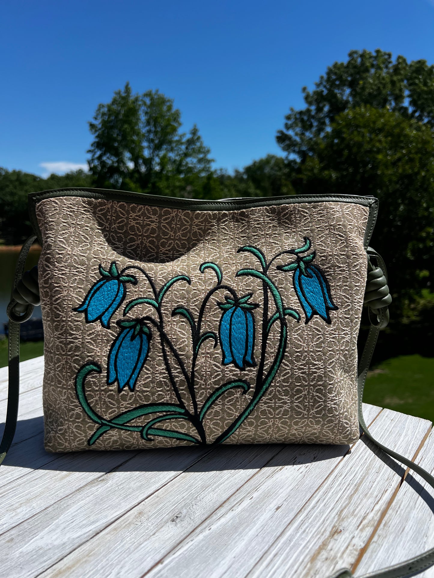 Loewe Jacquard Anagram Calfskin Herbarium Embroidered Flamenco Knot Clutch Avocado Green