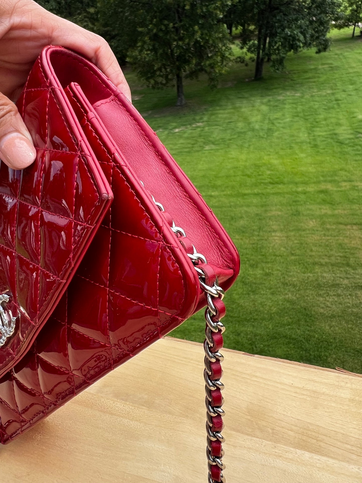 CHANEL Red Patent Quilted Leather - Classic Wallet on Chain (WOC)