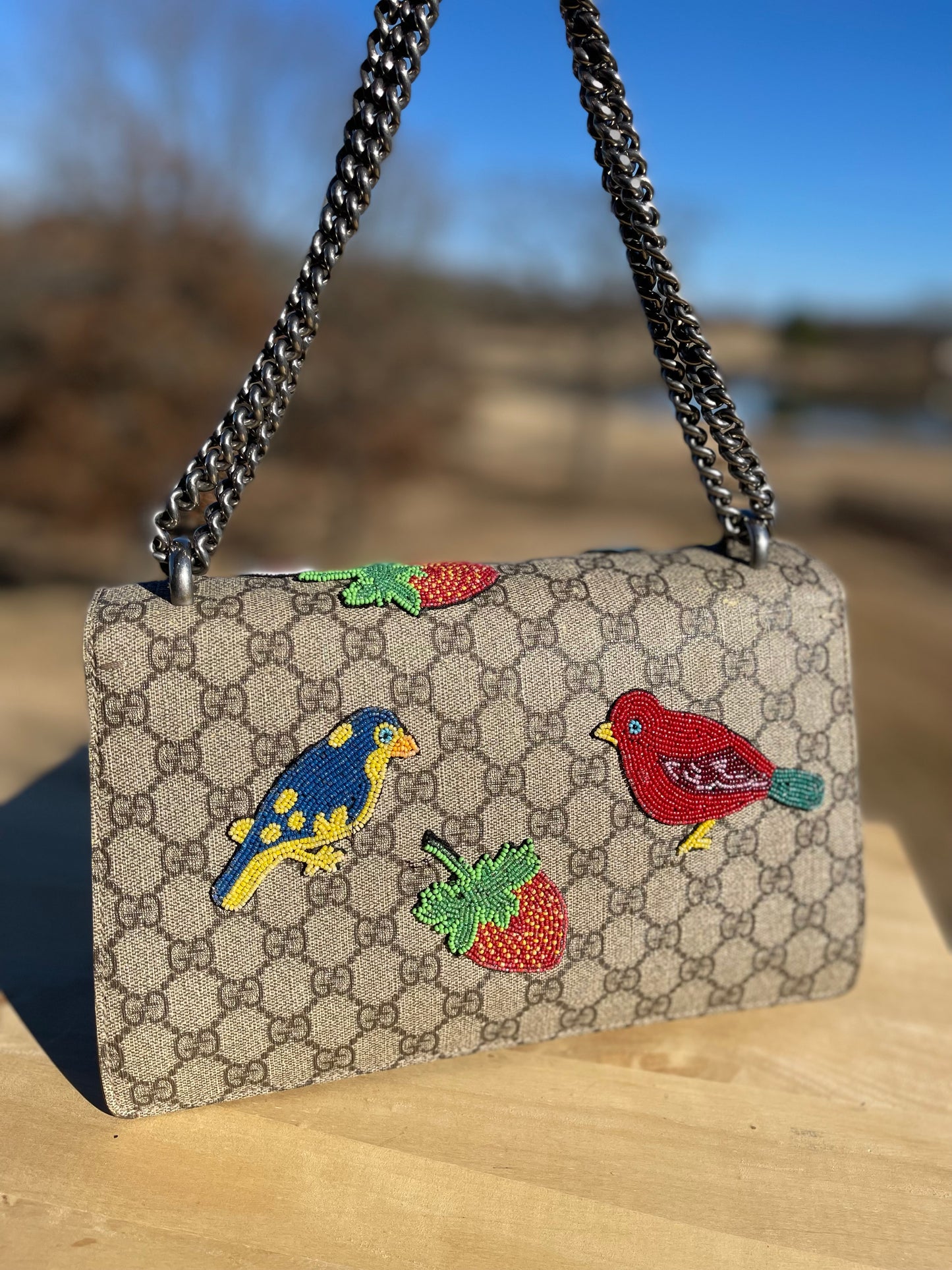 GUCCI
GG Supreme Monogram Beaded Small Dionysus Shoulder Bag Taupe