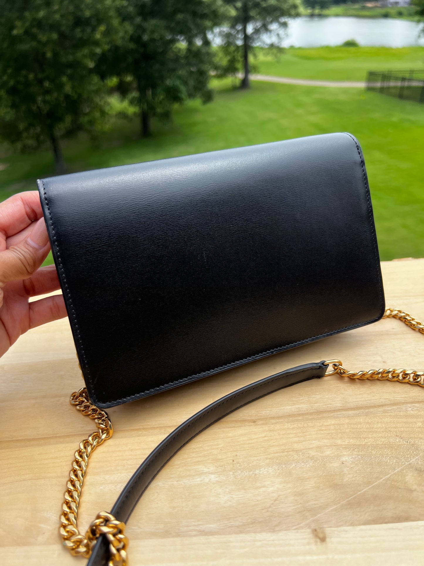 CELINE Shiny Calfskin Triomphe Margo Wallet on Chain – Black