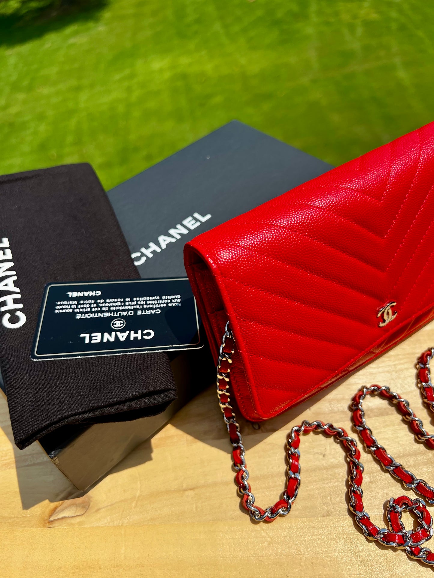 CHANEL Caviar Chevron Quilted Wallet on Chain (WOC) – Red