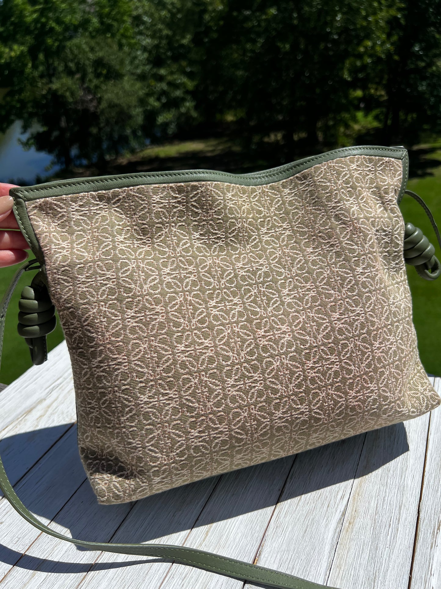 Loewe Jacquard Anagram Calfskin Herbarium Embroidered Flamenco Knot Clutch Avocado Green