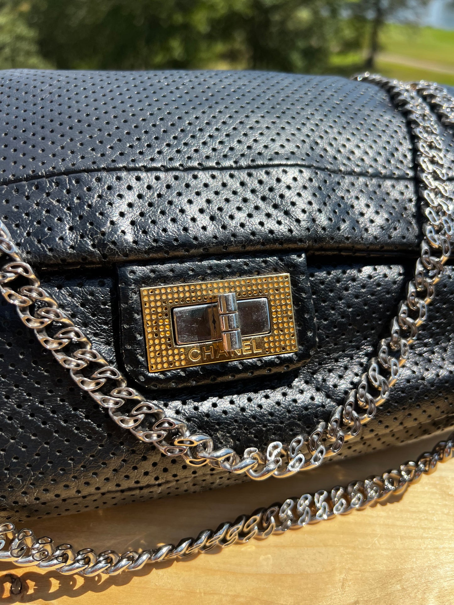 CHANEL Metallic Crackled Calfskin Perforated Drill Flap Bag
