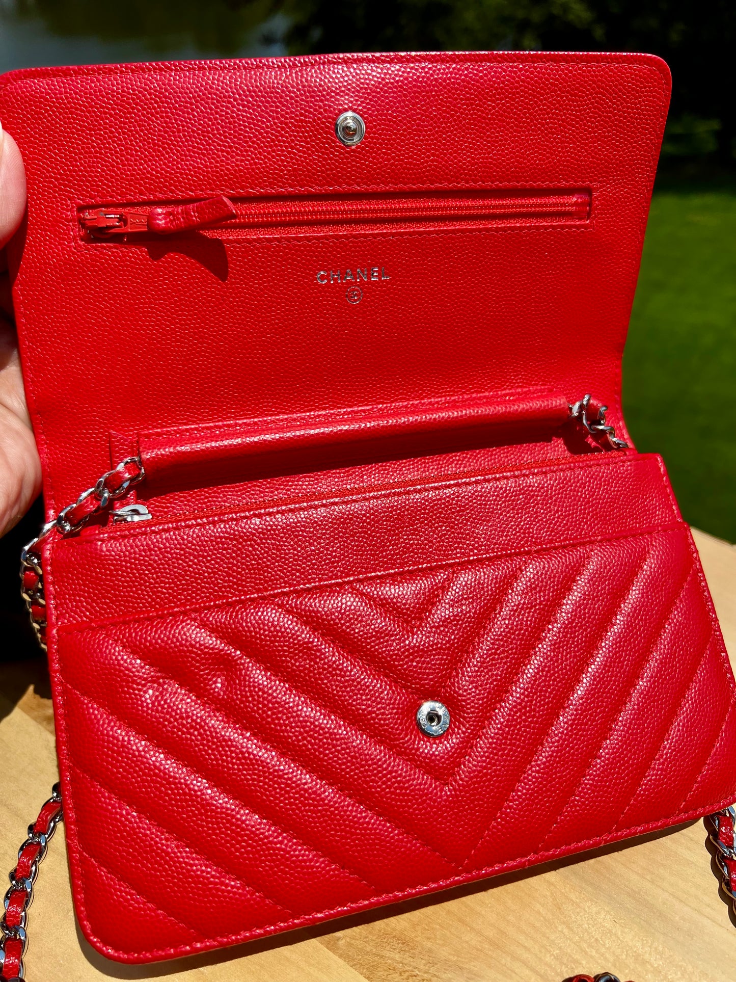 CHANEL Caviar Chevron Quilted Wallet on Chain (WOC) – Red