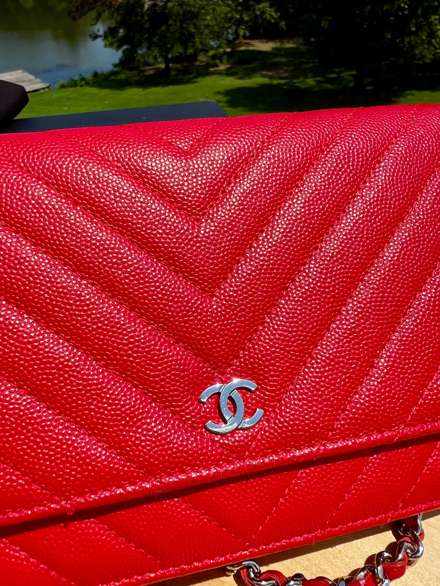 CHANEL Caviar Chevron Quilted Wallet on Chain (WOC) – Red