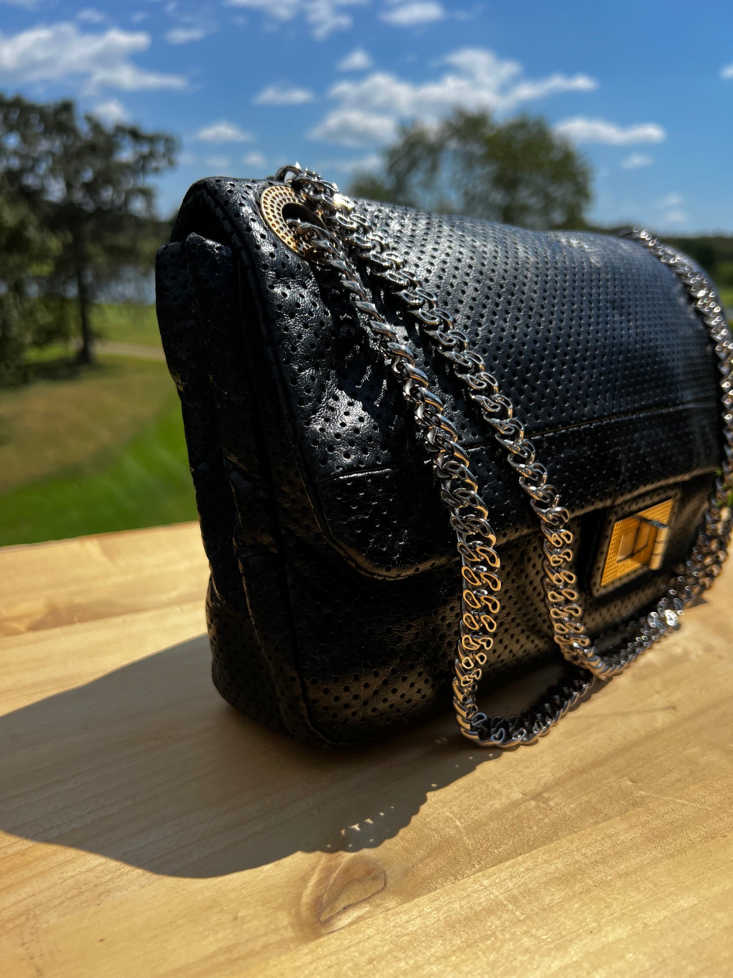 CHANEL Metallic Crackled Calfskin Perforated Drill Flap Bag
