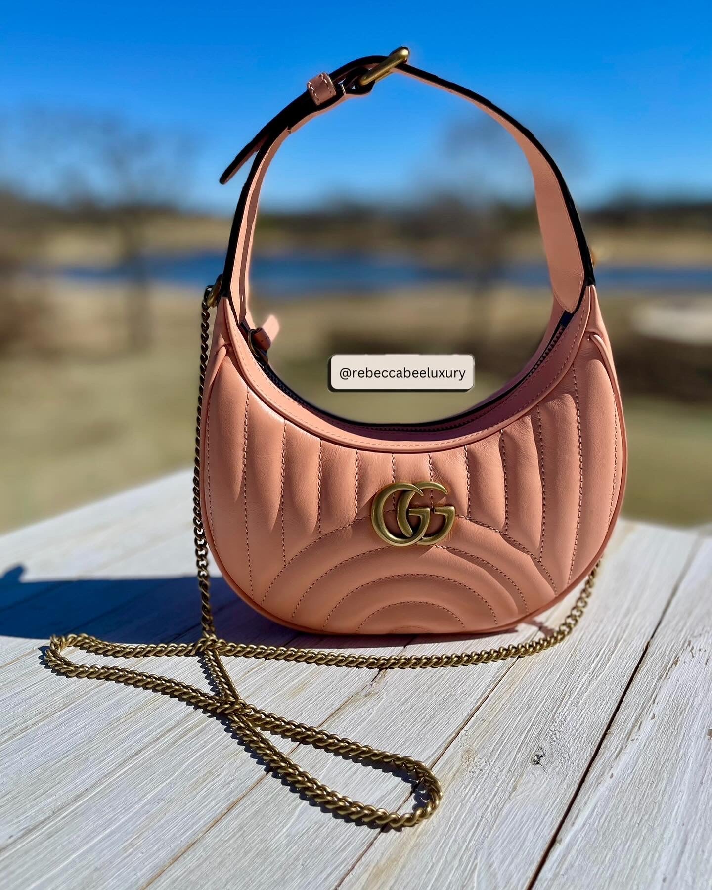 GUCCI
Calfskin Vertical Ring Matelasse Mini GG Marmont Half Moon Hobo Peachy Chic