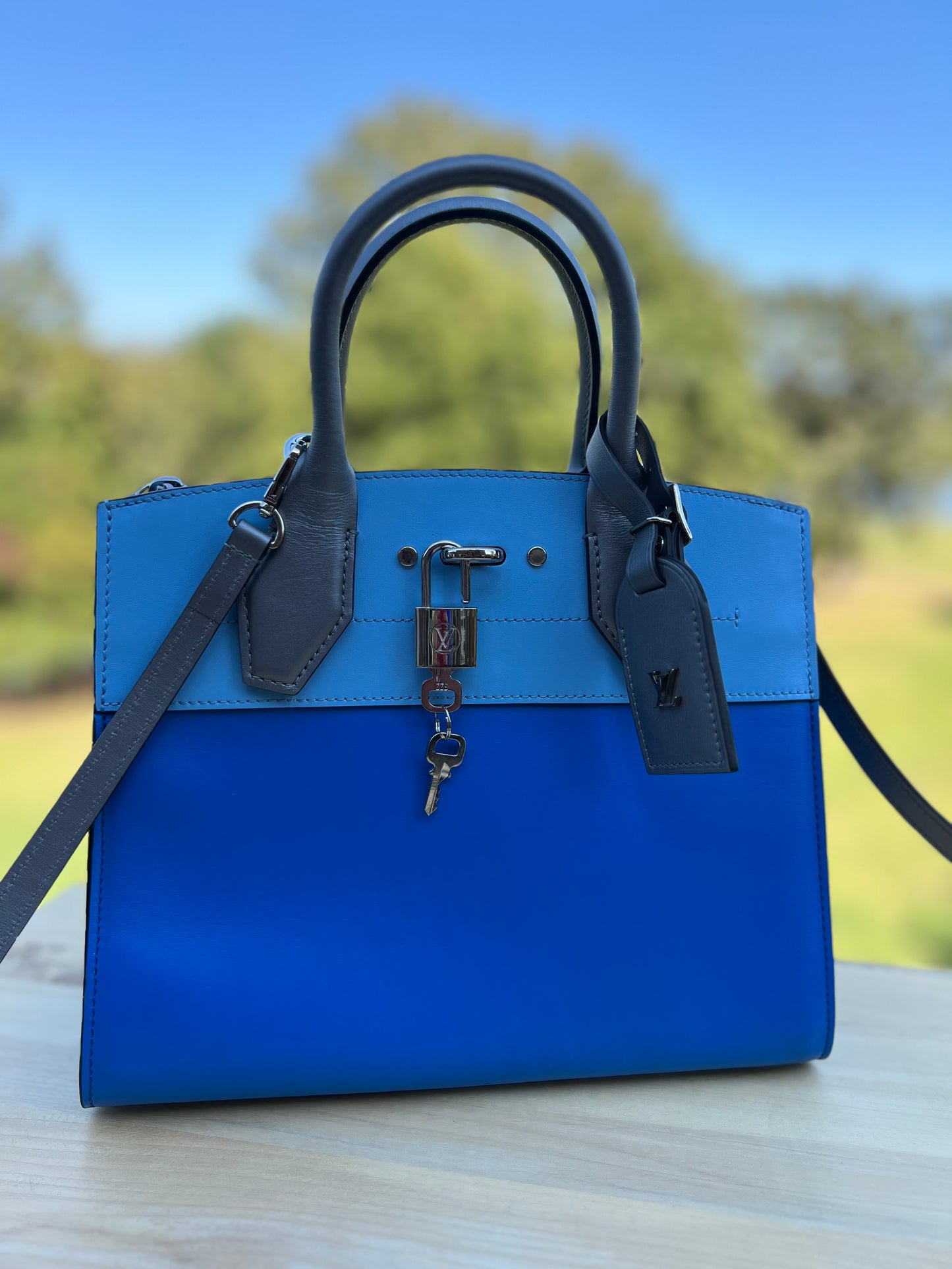 LOUIS VUITTON
Calfskin City Steamer PM Silver Blue