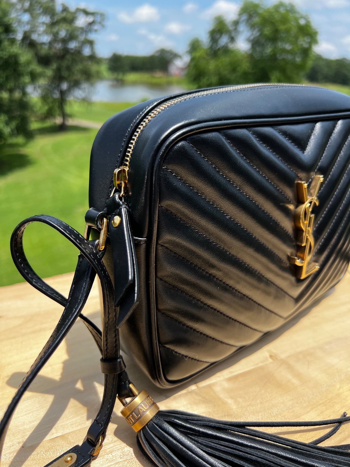 YSL Saint Laurent Calfskin Matelassé Monogram Lou Camera Bag (Black)
