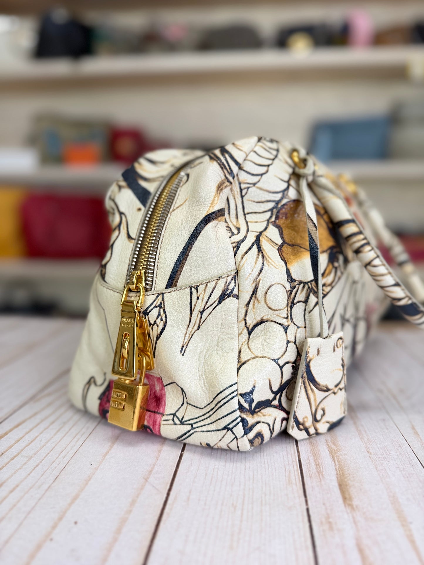 PRADA
X JAMES JEAN Cervo Lux Fairy Print Double Handle Leather Fairy Print Boston Bag
