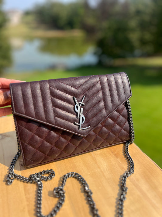SAINT LAURENT Monogram Envelope Wallet on Chain (WOC) – Burgundy Quilted Leather