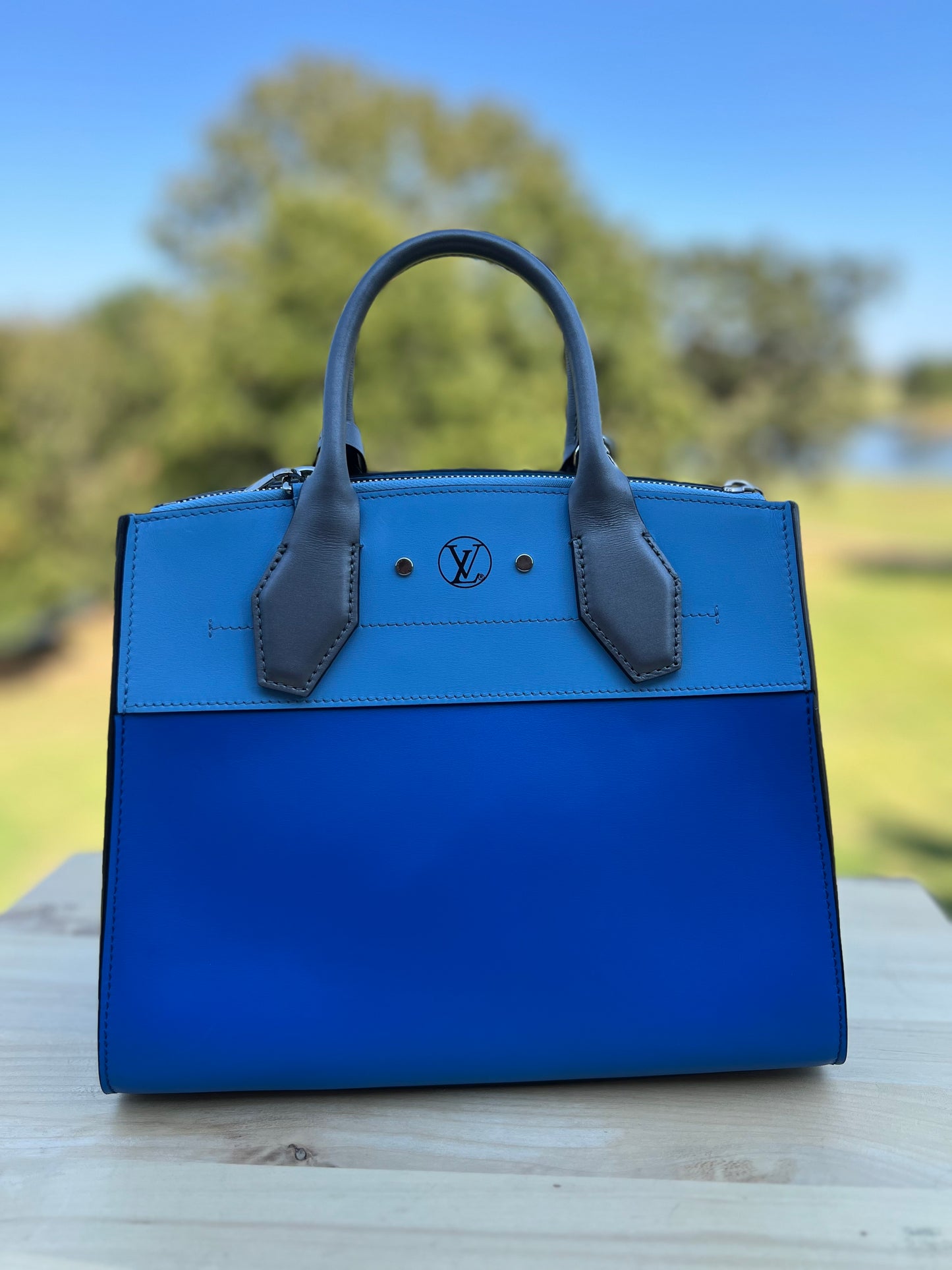 LOUIS VUITTON 
Calfskin City Steamer PM Silver Blue