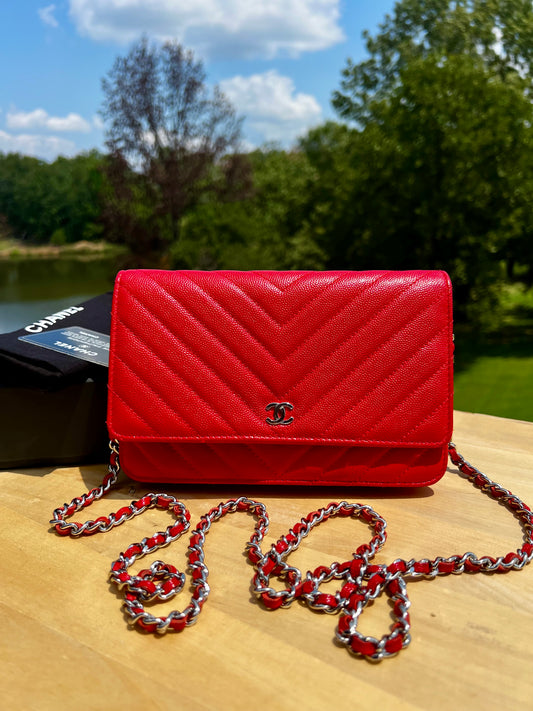 CHANEL Caviar Chevron Quilted Wallet on Chain (WOC) – Red