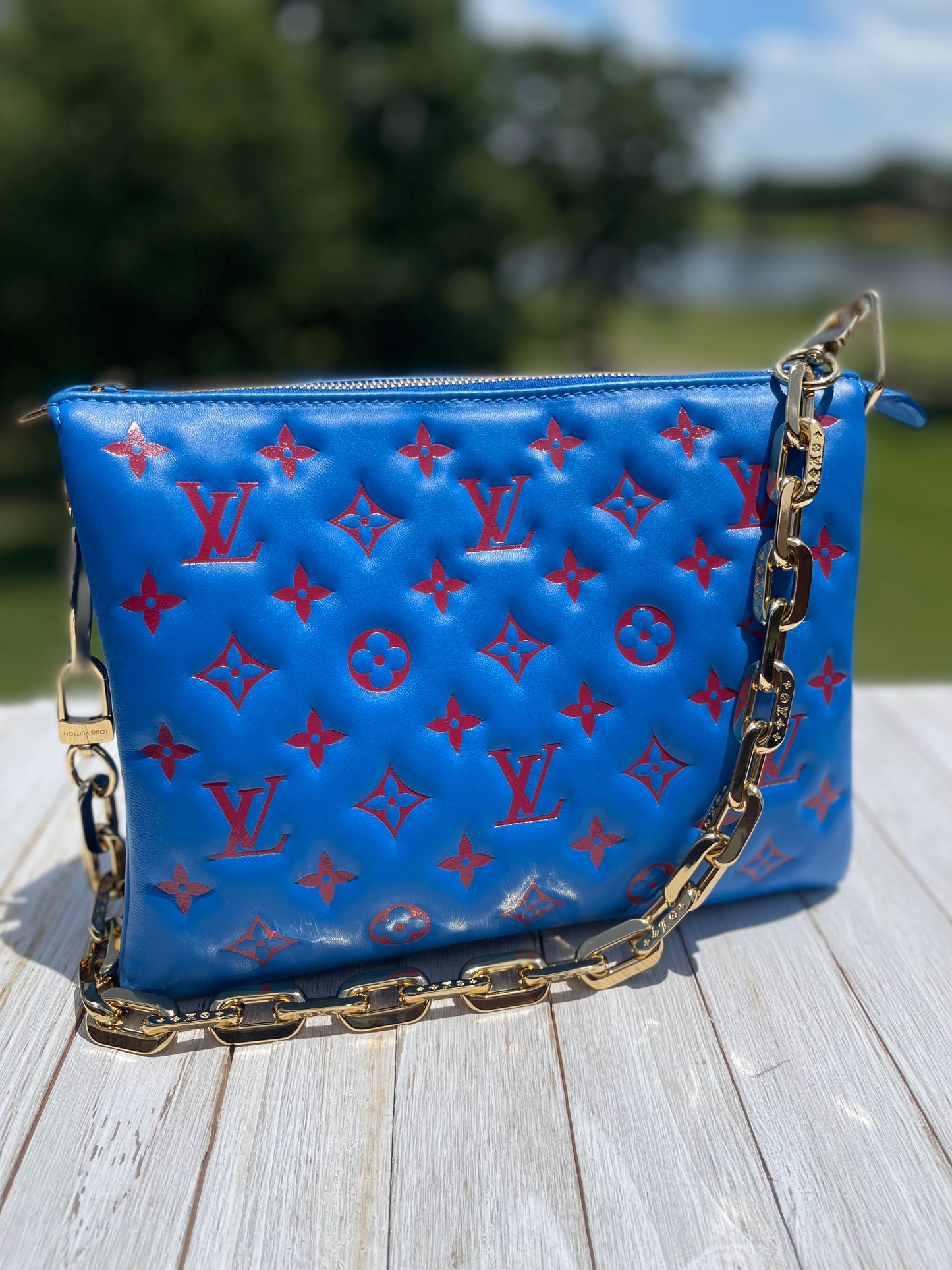 Louis Vuitton Lambskin Embossed Monogram Vuittamins Coussin PM Blue Red